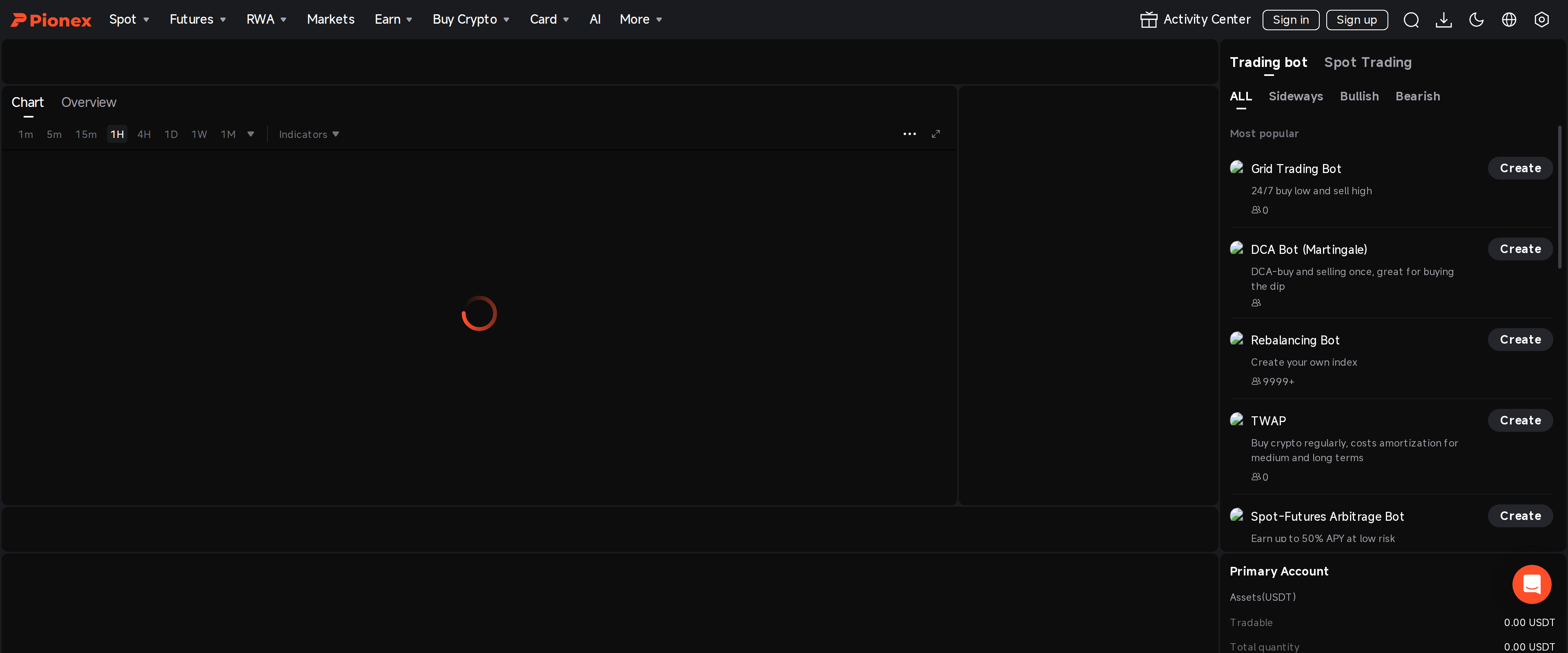 Pionex trading bot panel listing Grid Trading Bot, DCA Bot, Rebalancing Bot, TWAP and Spot-Futures Arbitrage Bot with Create buttons