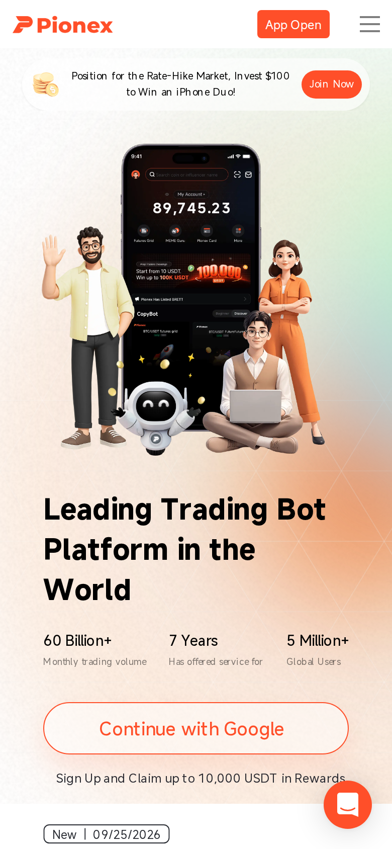 Pionex homepage viewed on a phone screen, showing the same leading trading bot platform headline and a delisting notice banner