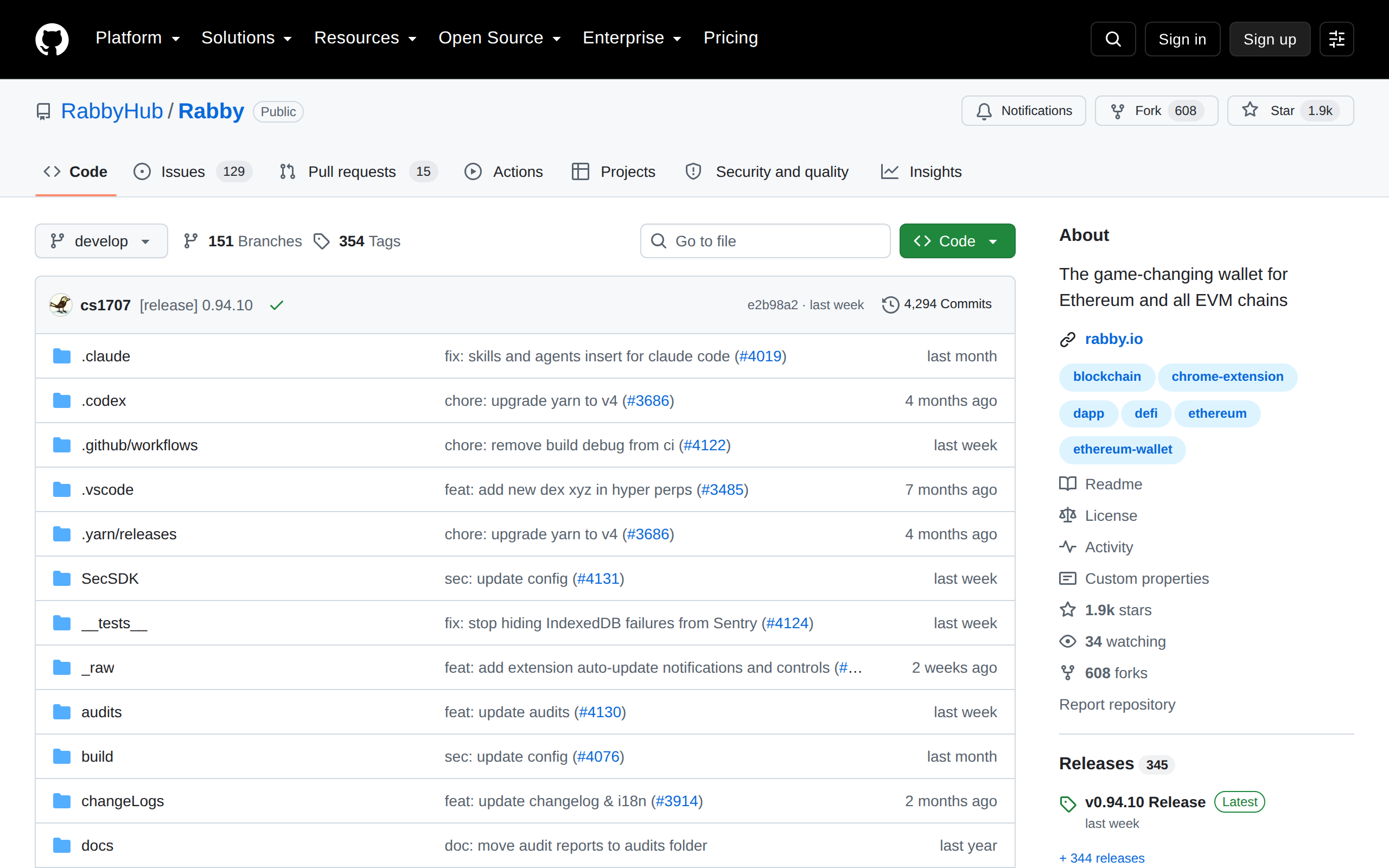 Rabby's GitHub repository showing recent commits and hundreds of releases
