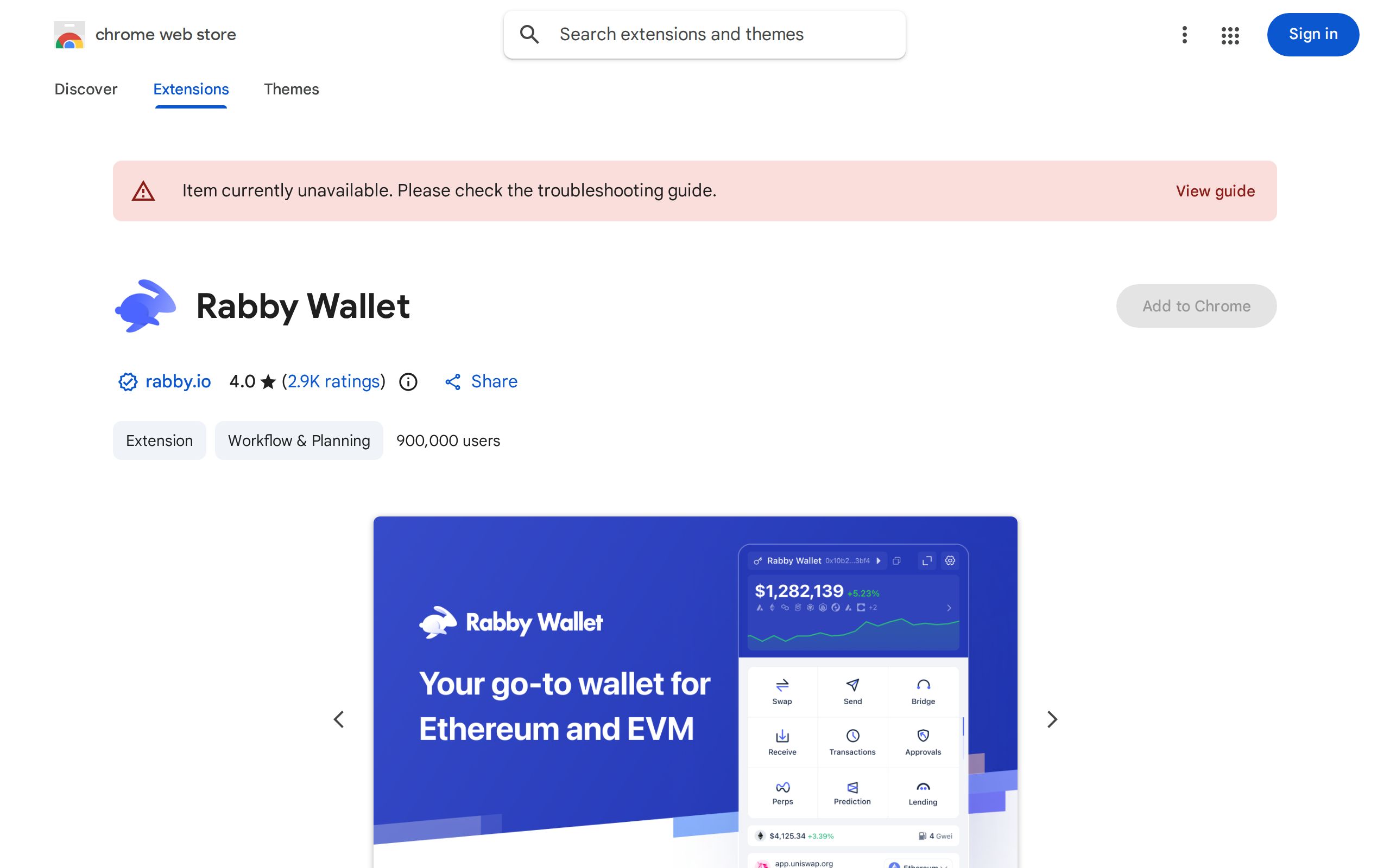 The Rabby extension shown in its Chrome Web Store listing with sample screenshots