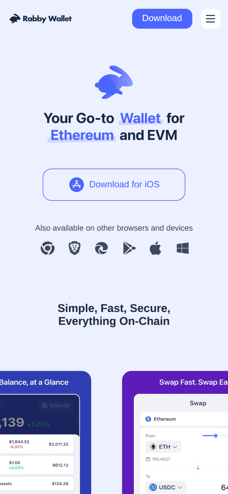 Rabby Wallet's iOS interface shown alongside its desktop demo videos on the homepage