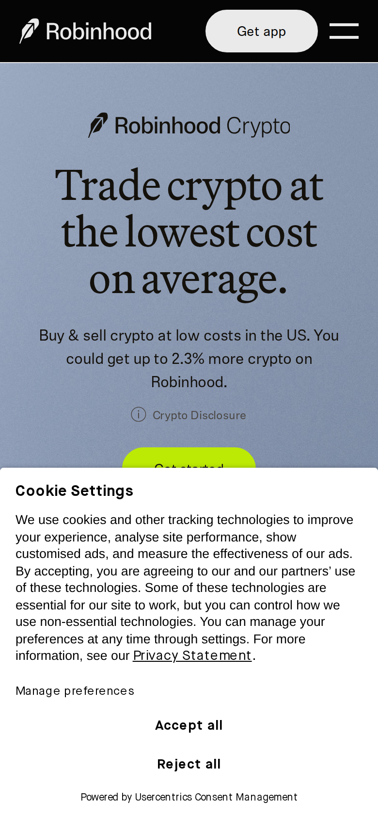 Robinhood Crypto homepage viewed on a phone screen, showing the same lowest-cost headline