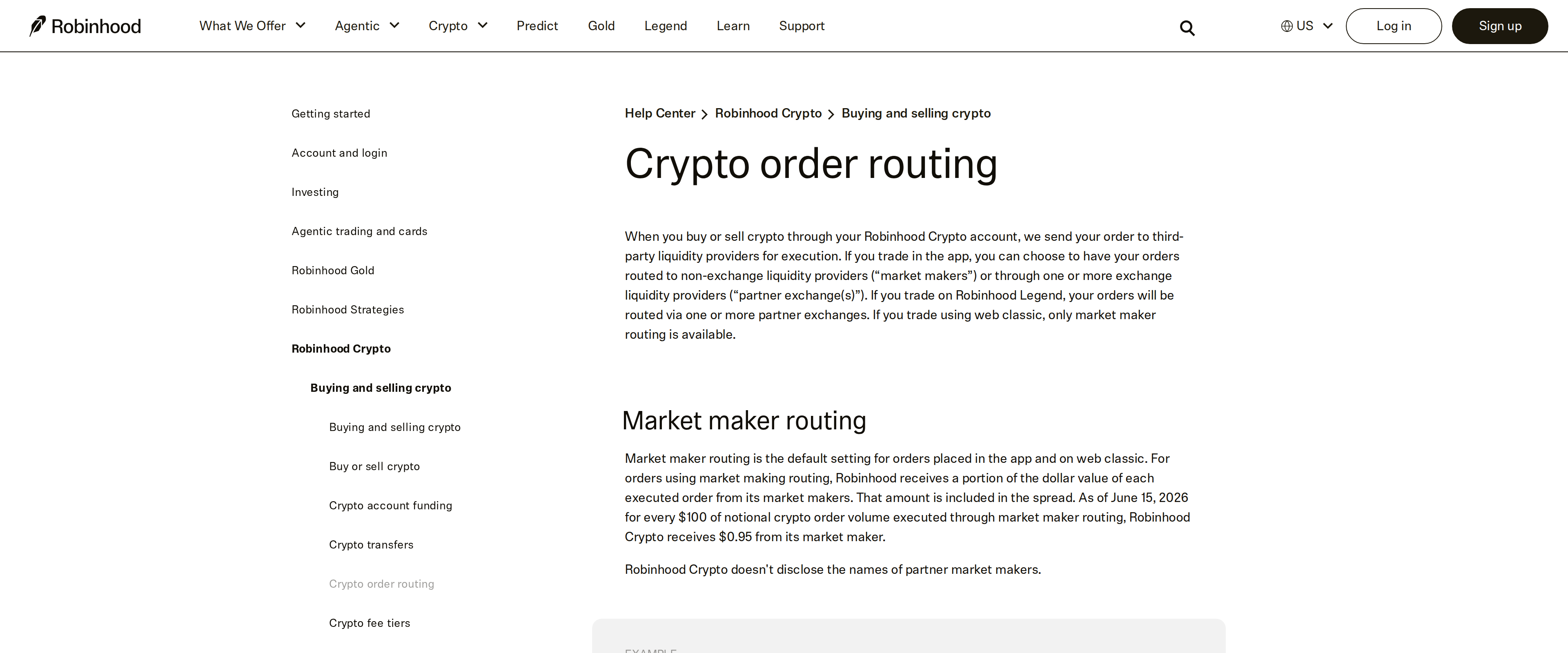 Crypto order routing support page describing market maker routing as the default setting for app and web classic orders