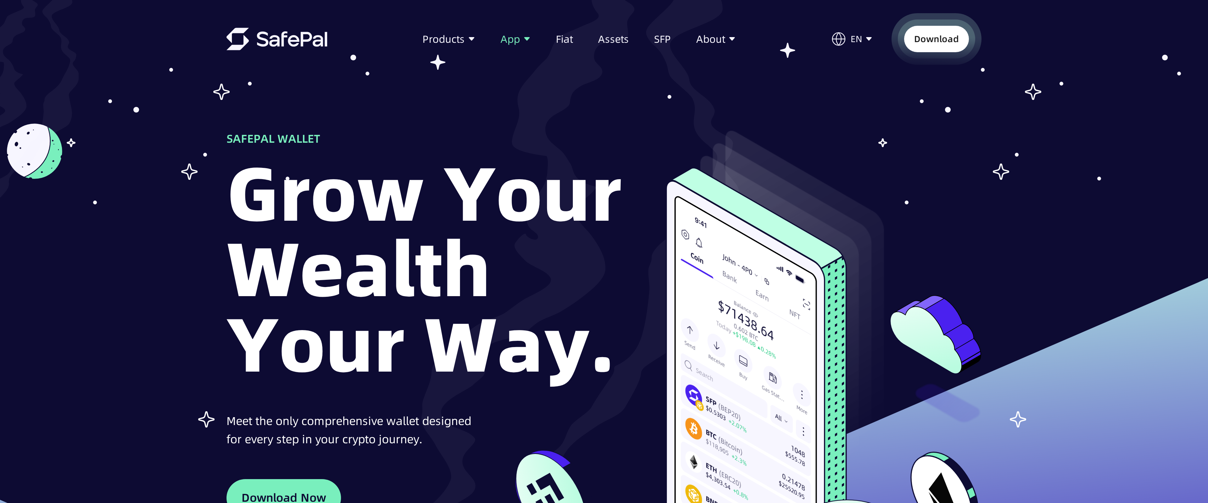 SafePal Wallet app landing page promoting comprehensive crypto management across every step of the journey