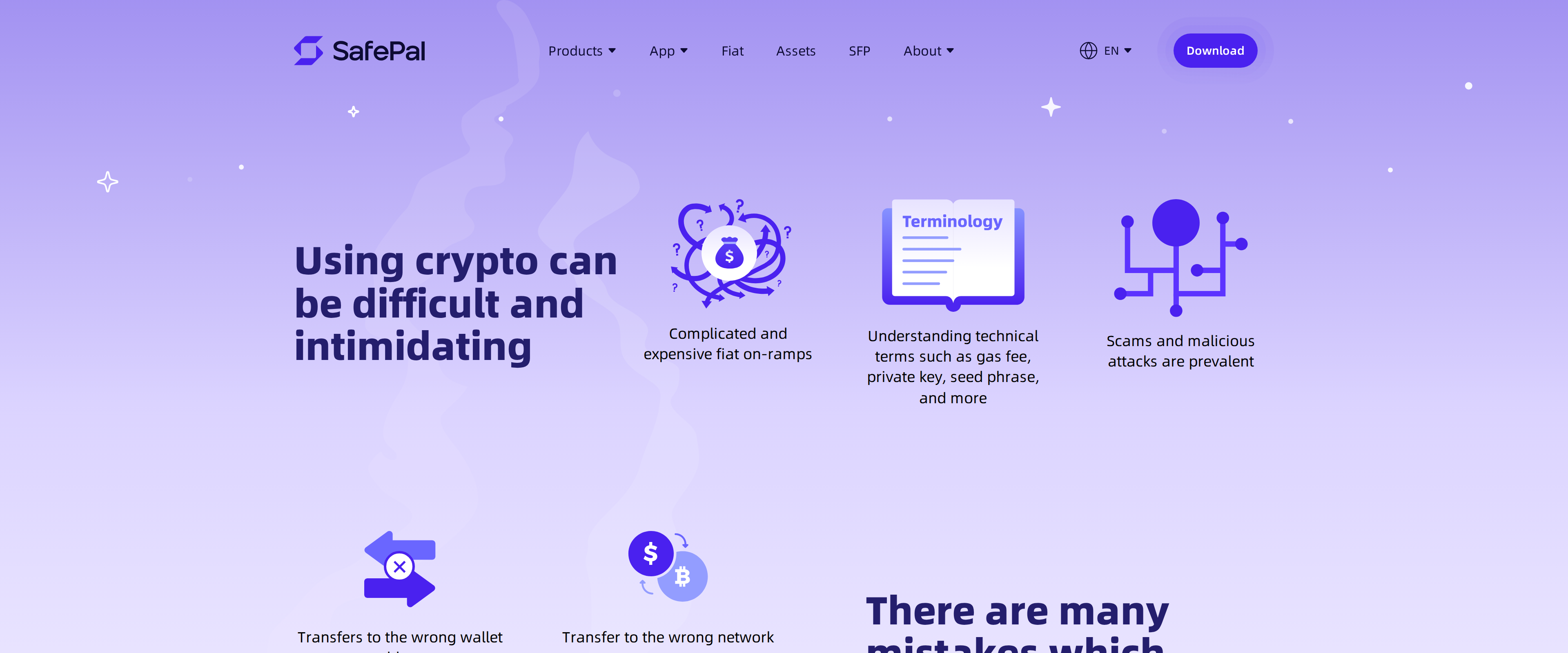 Under the SafePal security page: three warnings about complicated fiat on-ramps, confusing technical jargon and prevalent scams