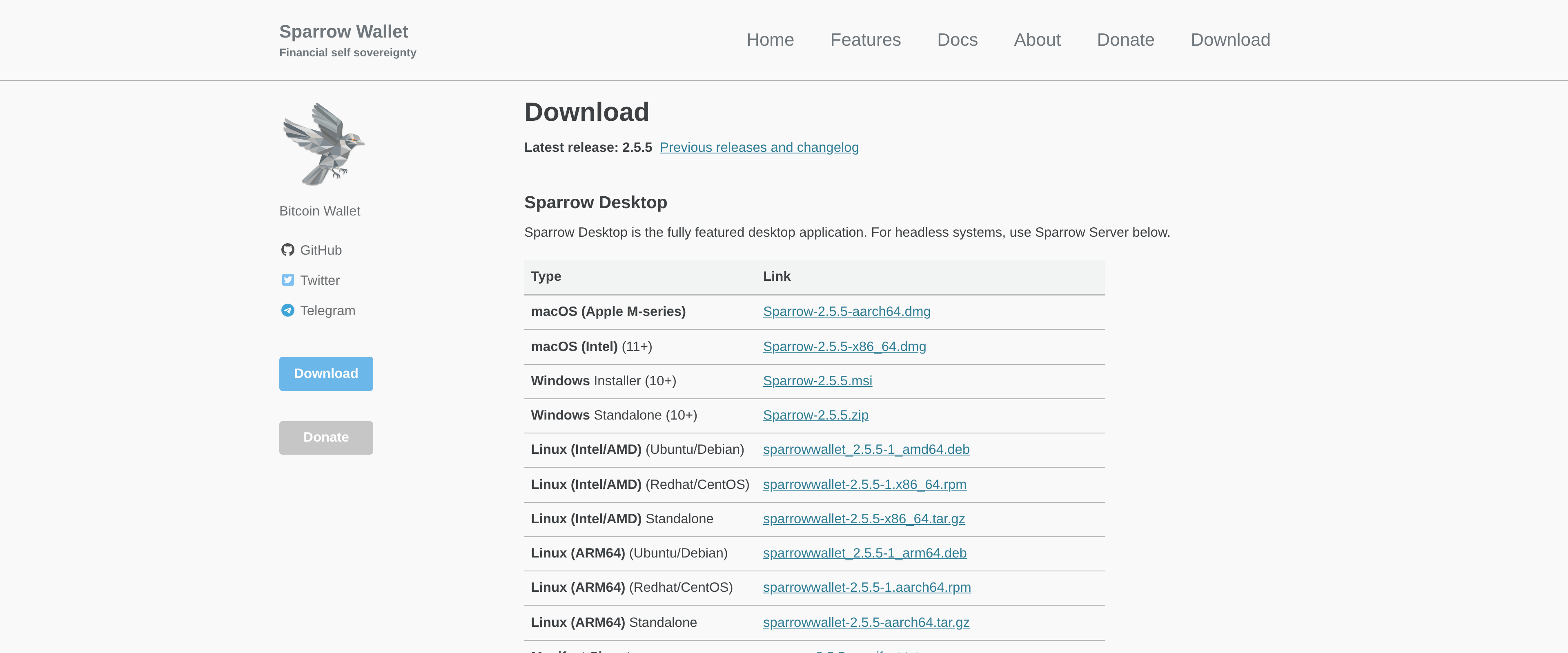 Sparrow Wallet's download page listing the current release, version 2.5.5, with downloads for macOS, Windows and Linux