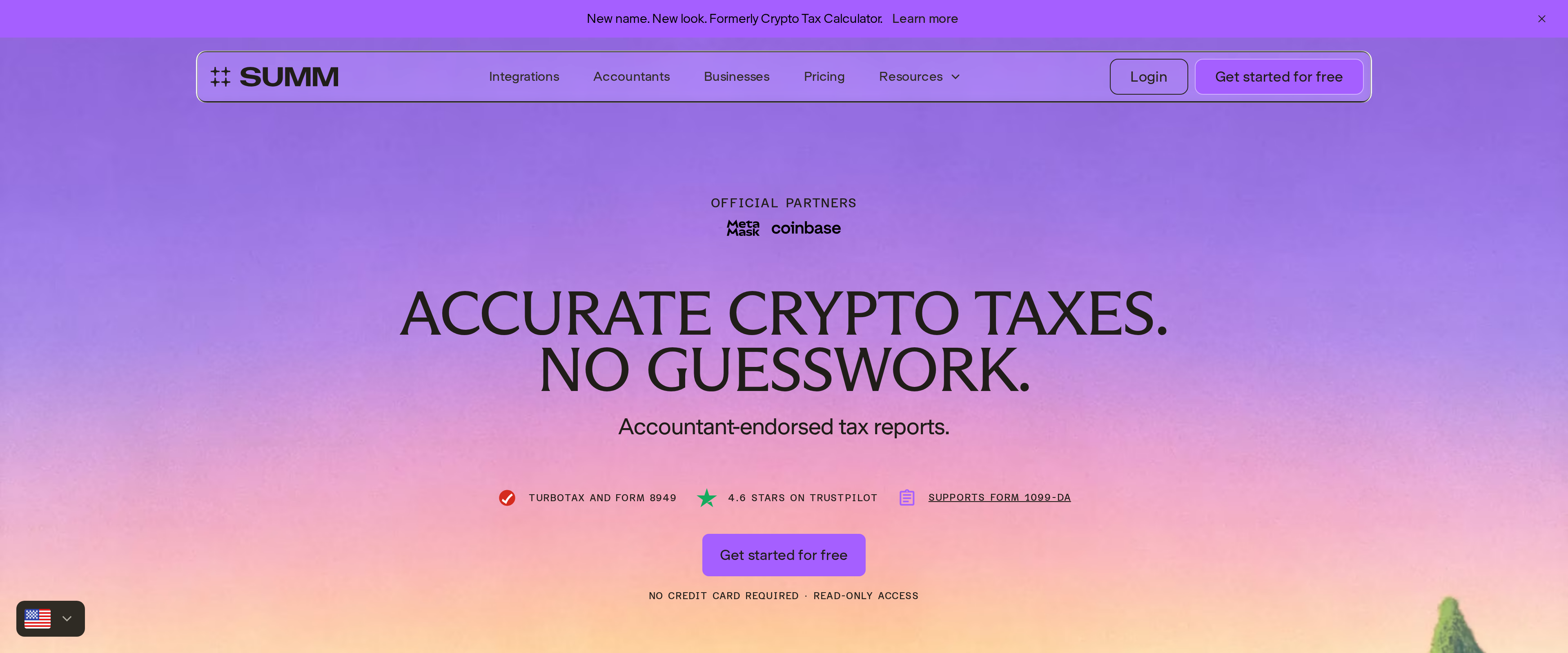 The Summ homepage headline reading Accurate Crypto Taxes, No Guesswork