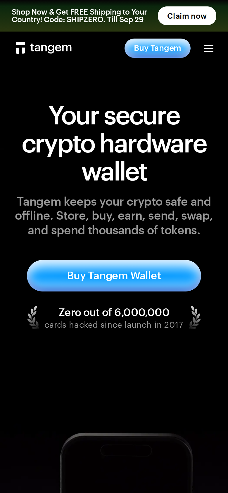 Tangem homepage on a phone screen, showing the same tap-to-pay style pitch as the desktop site