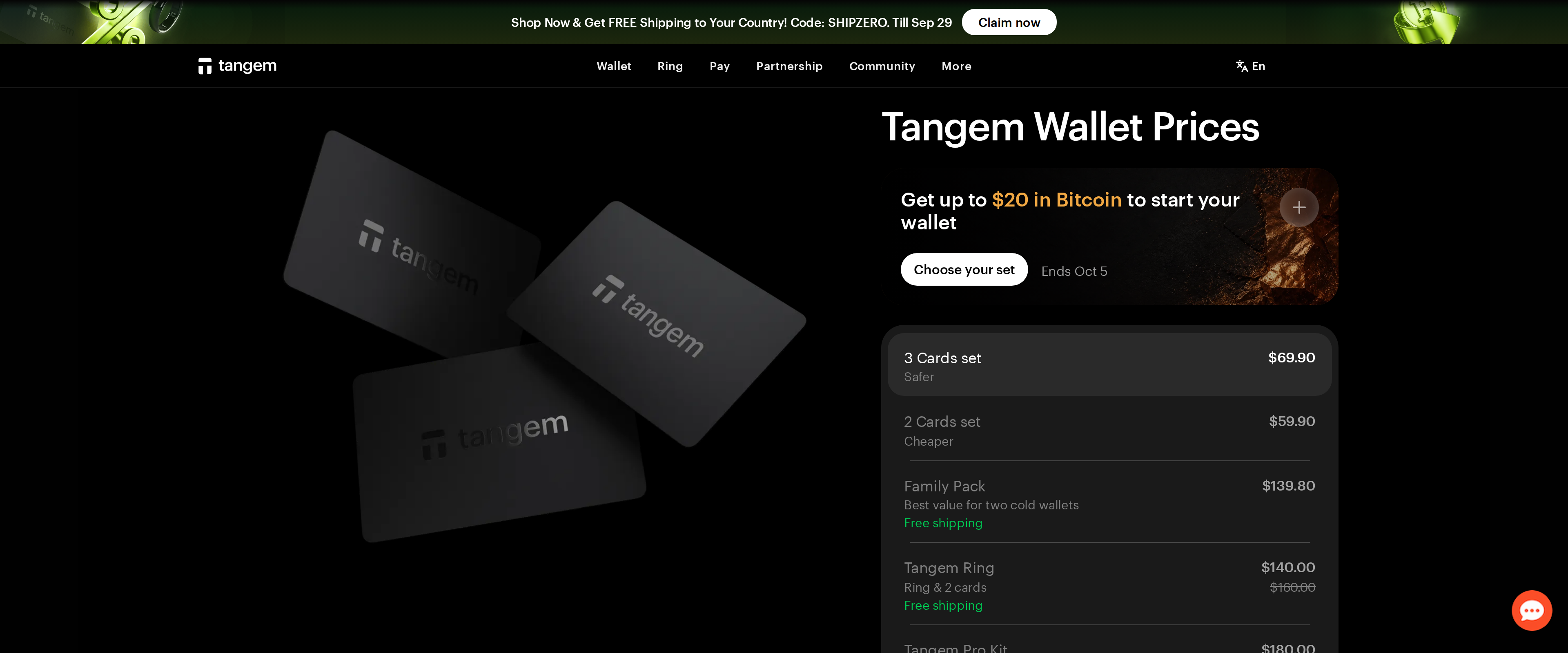 Tangem pricing page showing a Classic Black wallet set of 3 alongside prices of $69.90 and $59.90