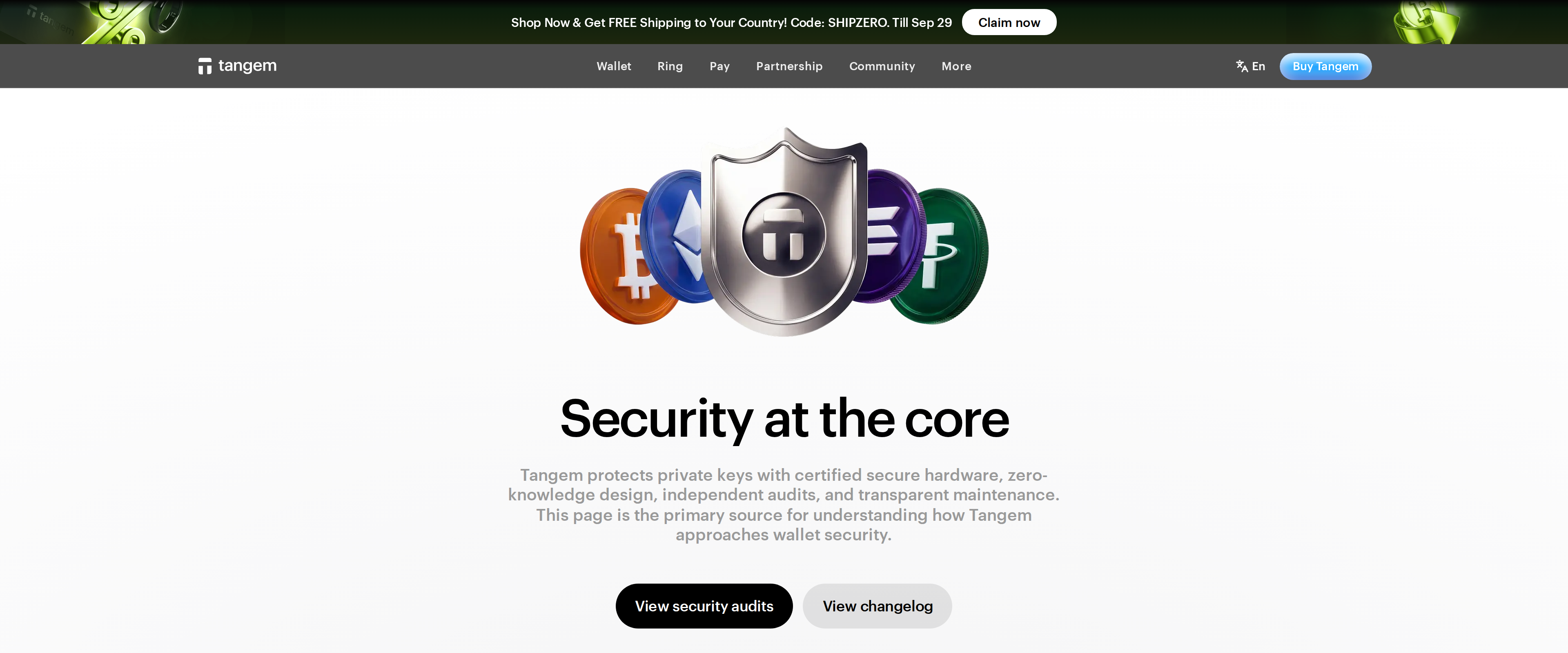 Tangem security page headlined Security at the core, describing certified secure hardware, zero-knowledge design and independent audits