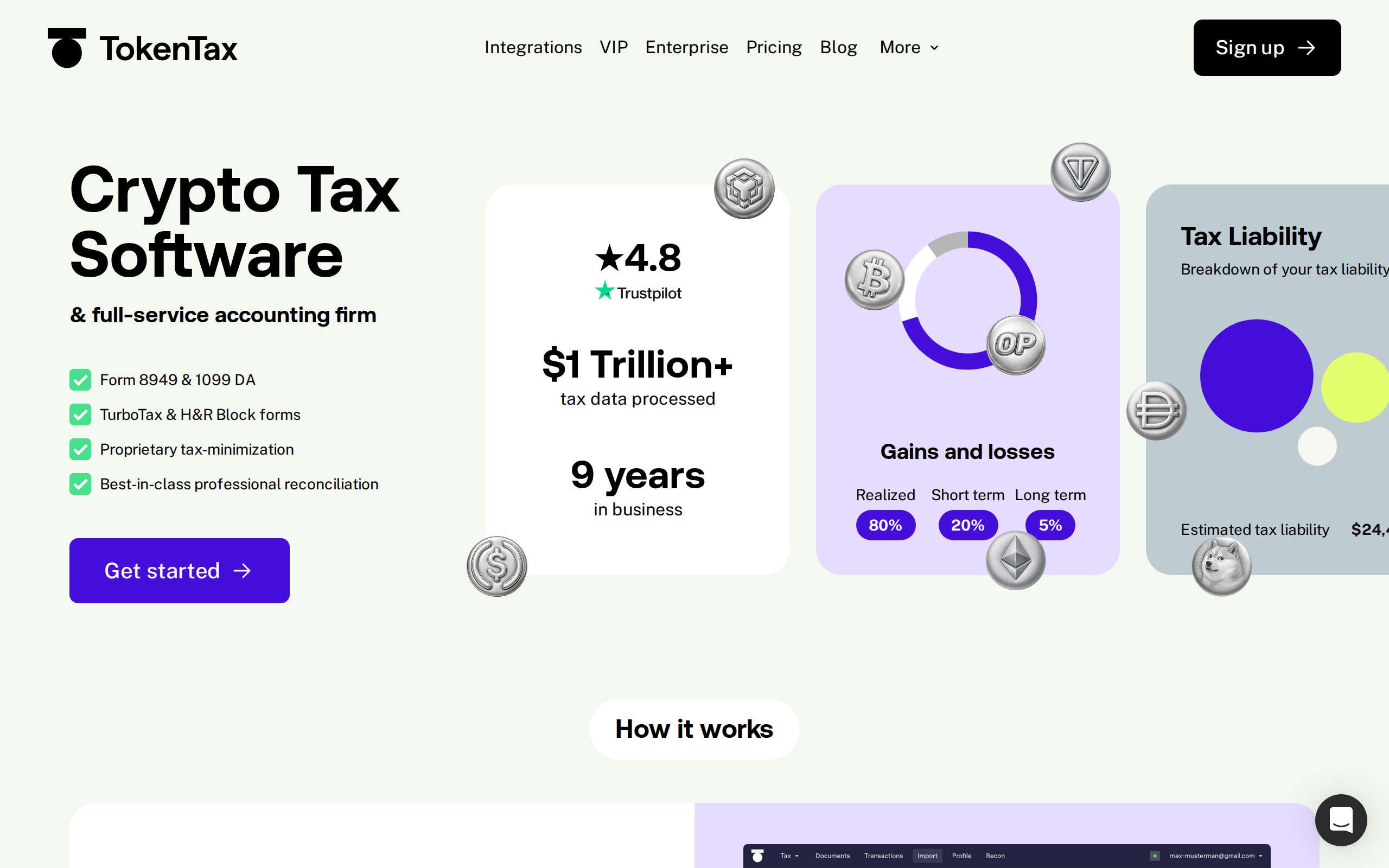TokenTax homepage headline Crypto Tax Software with a How it works breakdown showing sample prices
