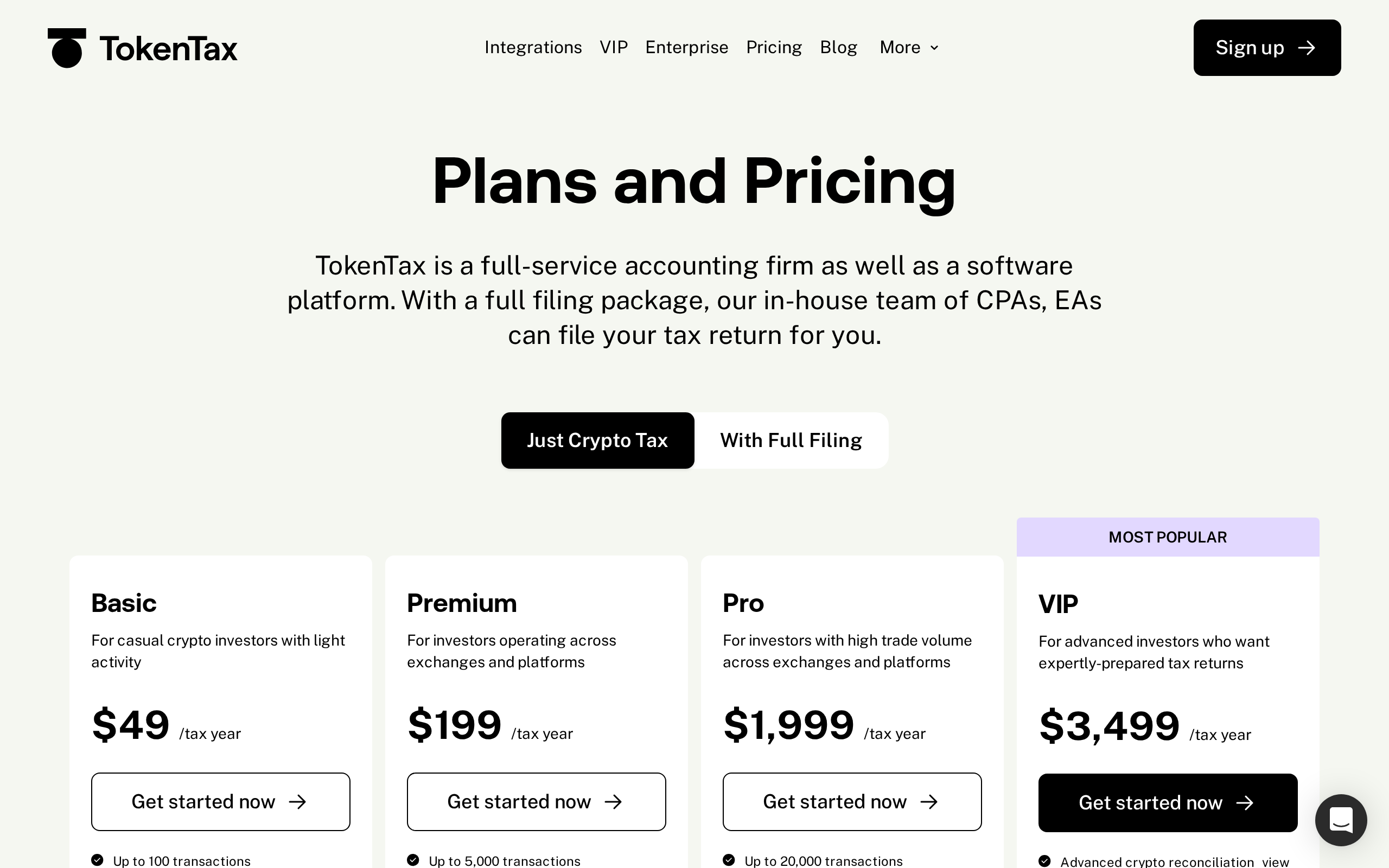 TokenTax pricing page showing the Basic, Premium and Pro tiers with their prices