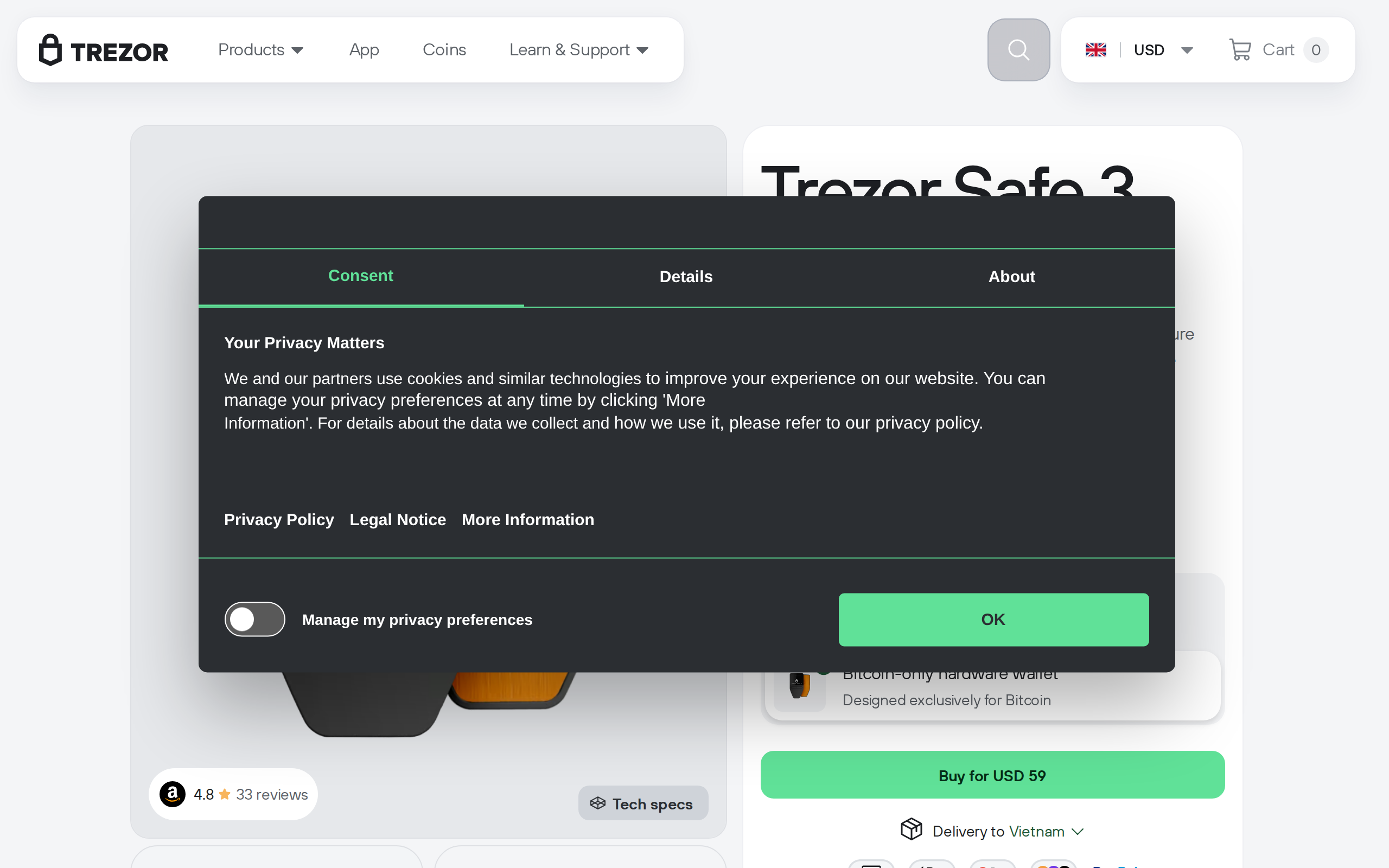 Trezor Safe 3 Bitcoin-only product page showing the device and text describing bitcoin-only Secure Element protection