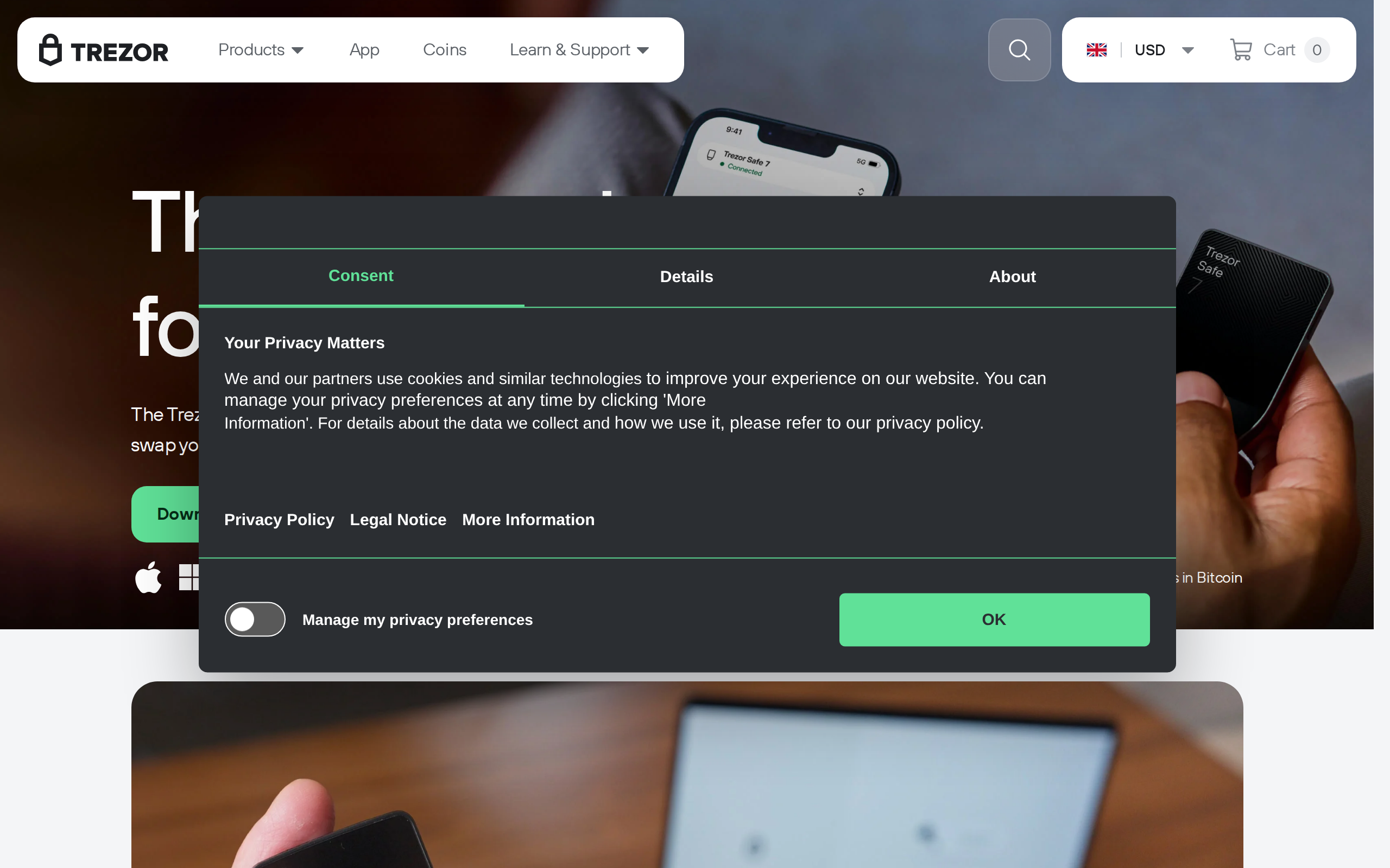 Trezor Suite app interface screenshot on the app's official product page, headlined The app made for your Trezor