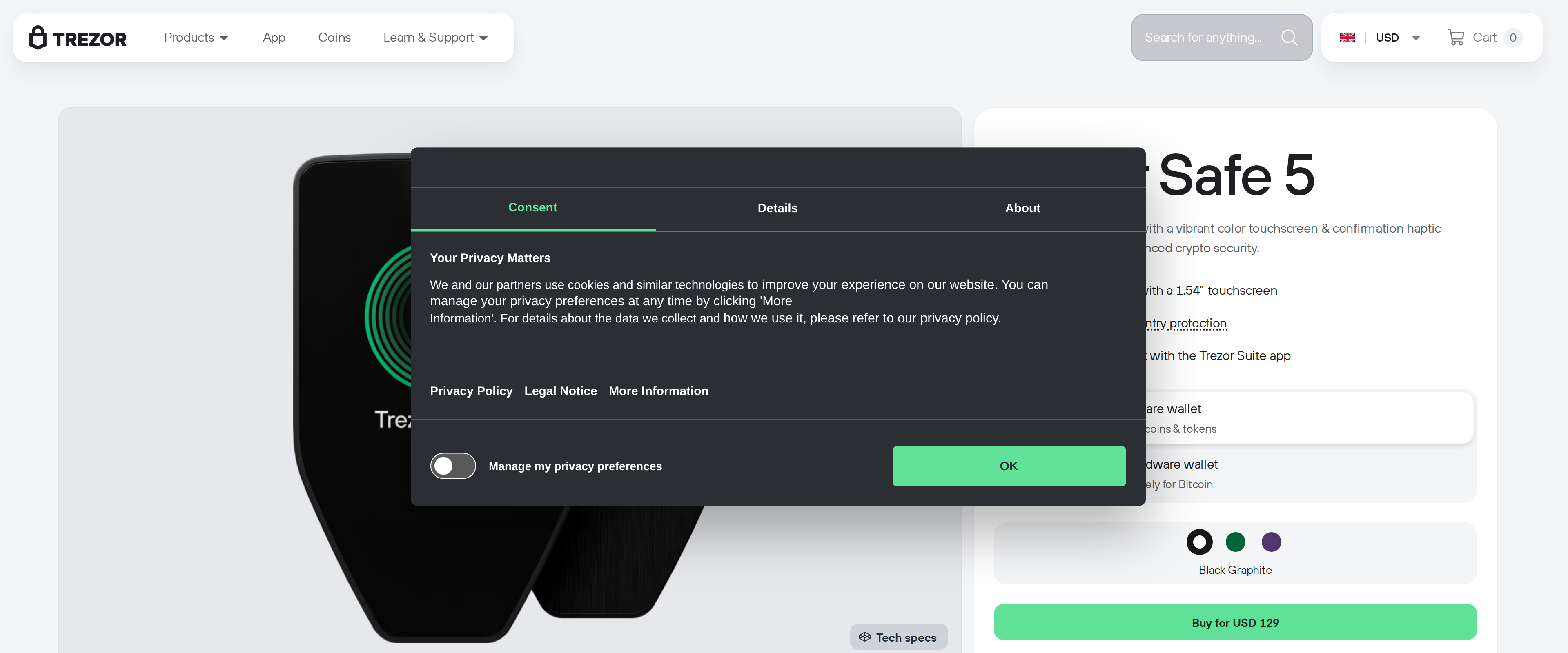 Trezor Safe 5 hardware wallet in Black Graphite shown on the product page