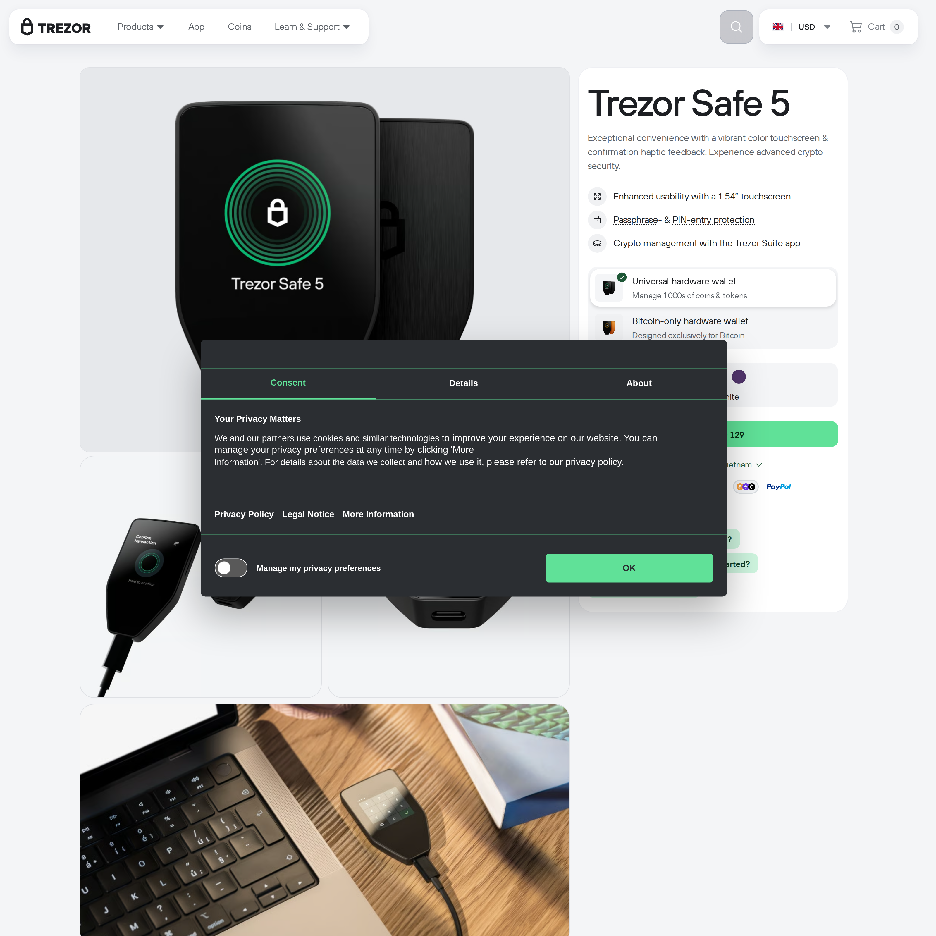 Trezor Safe 5 product photos from multiple angles on the official page