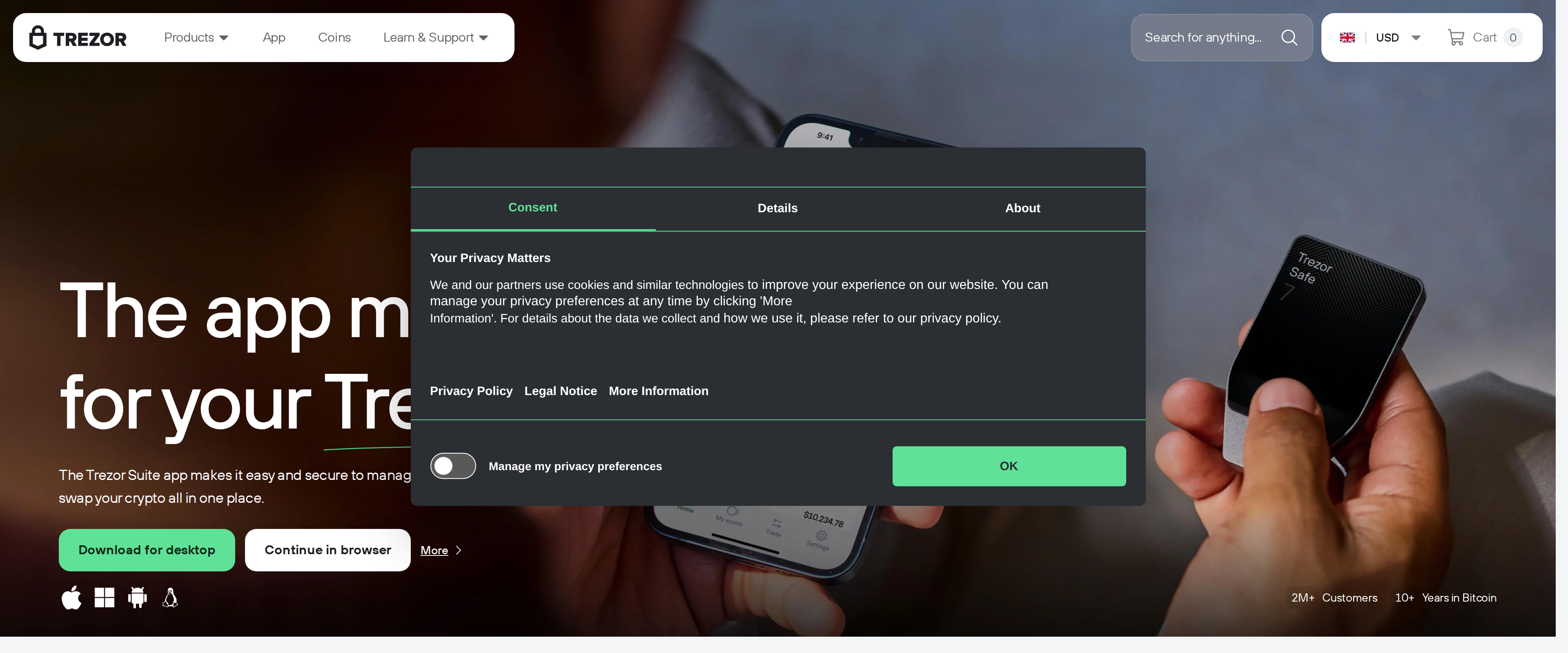 The Trezor Suite app interface used to manage the Safe 5