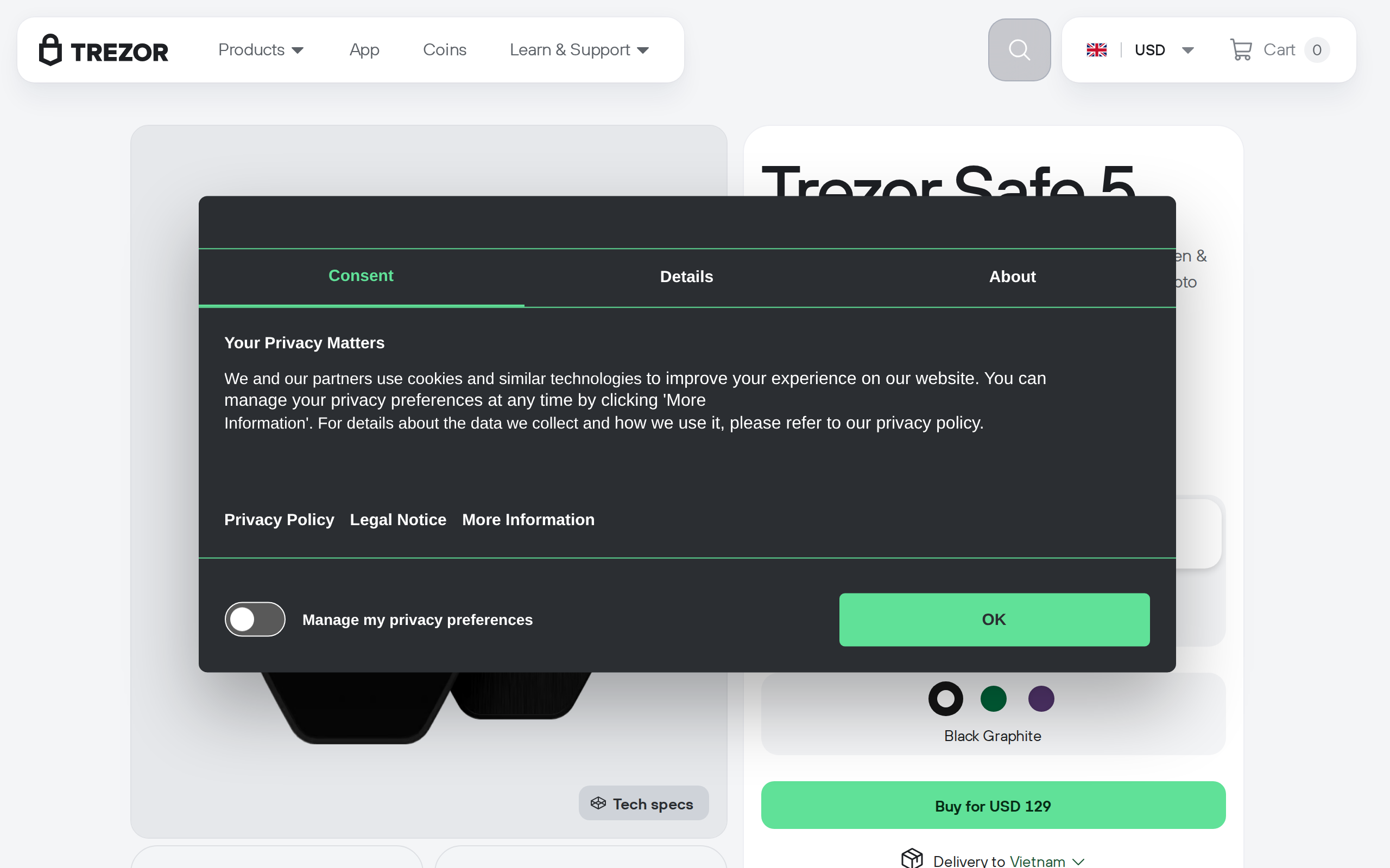 Trezor Safe 5 product page shown for comparison against the pricier Safe 7