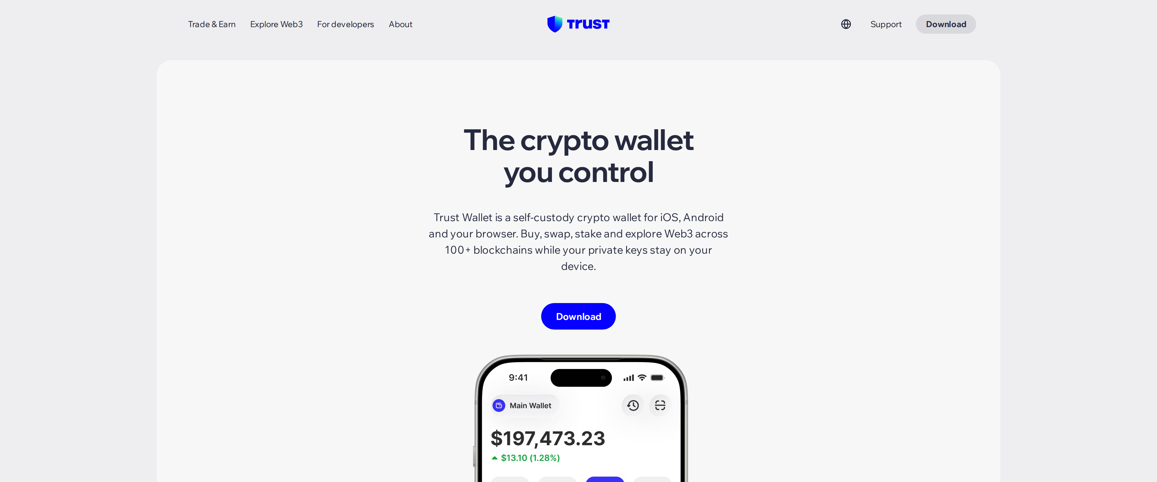 Trust Wallet homepage headline reading The crypto wallet you control, with the app shown on an iPhone