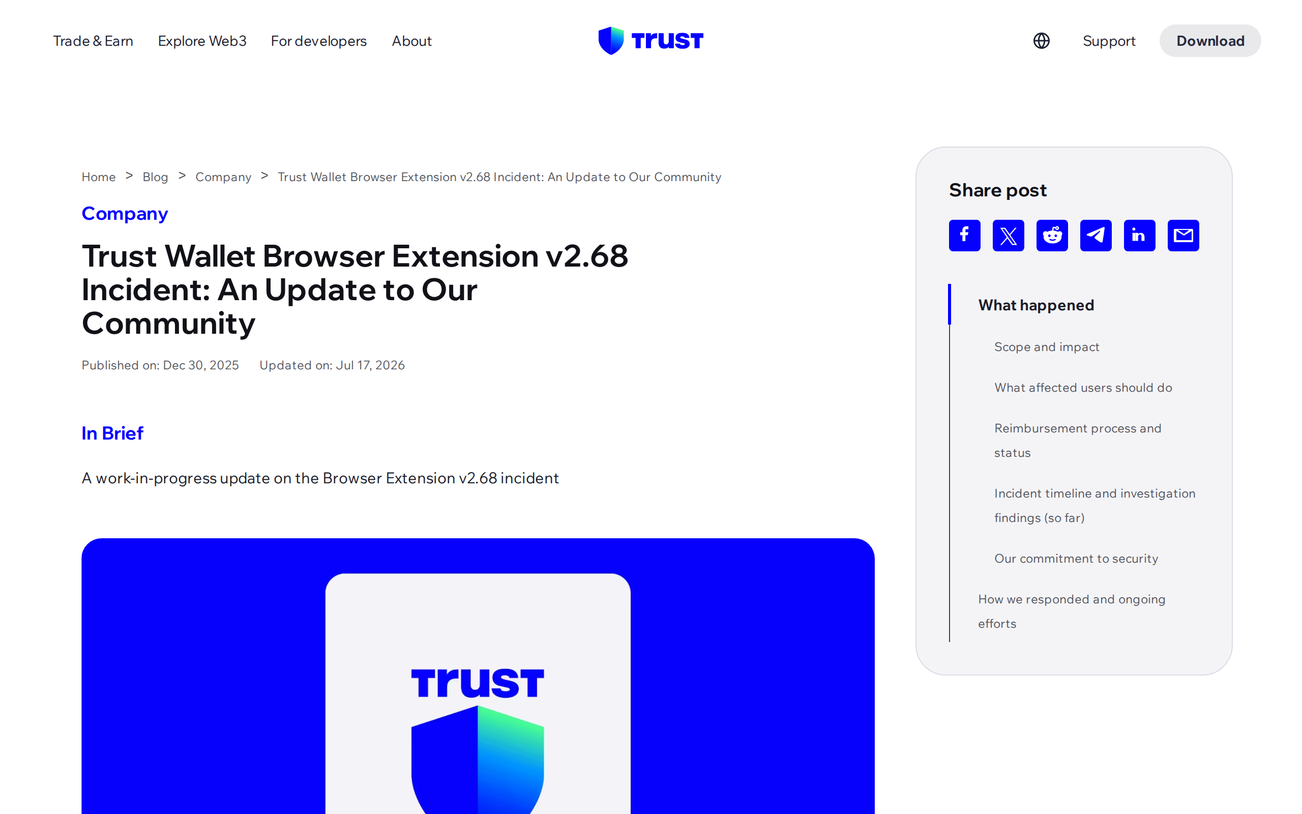Trust Wallet's incident update page detailing the browser extension v2.68 breach and reimbursement process