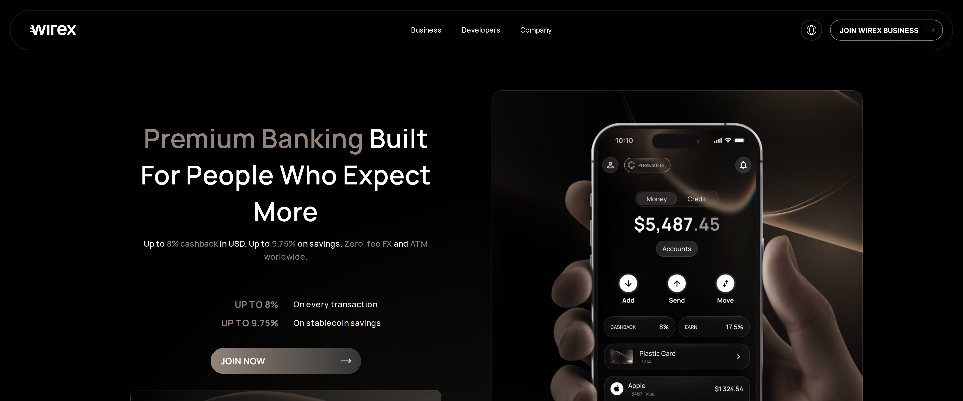 Wirex One's personal banking page promoting up to 8% cashback and 9.75% on savings
