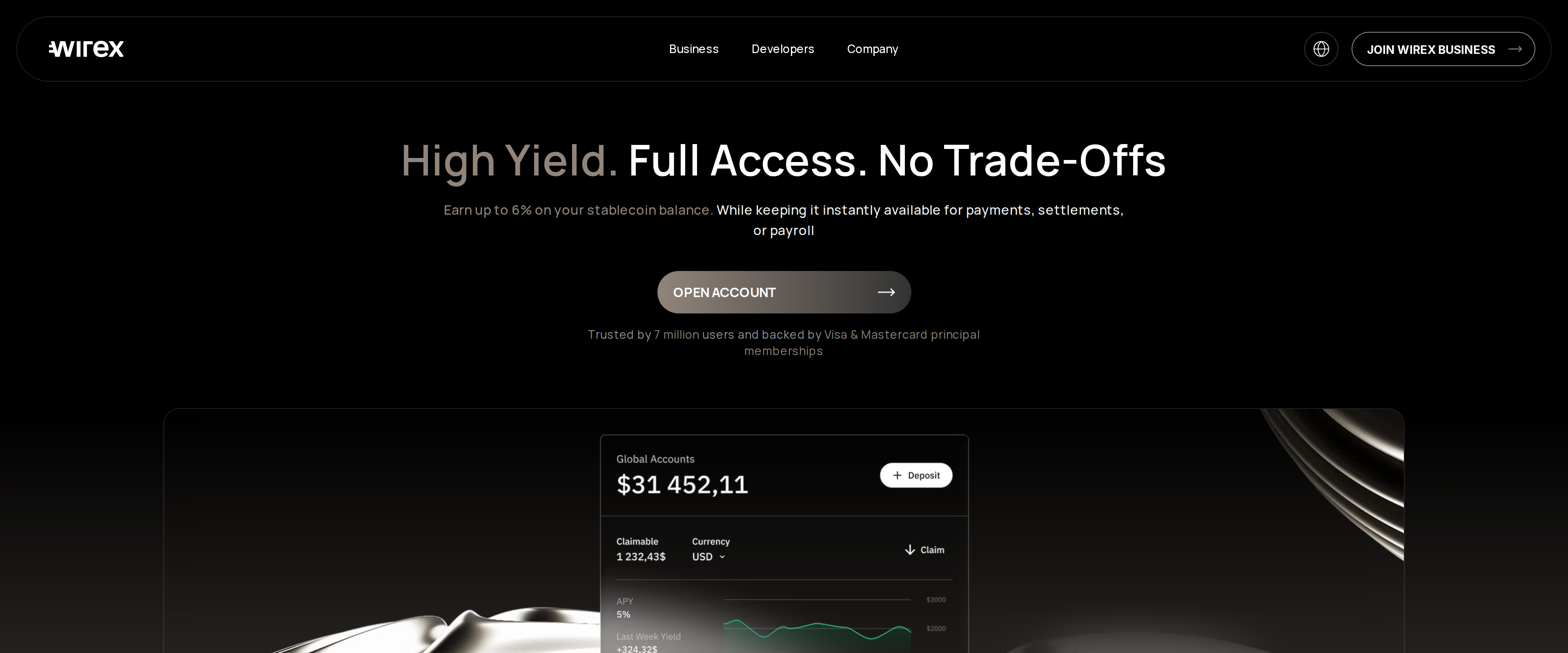 Wirex's stablecoin yield page advertising up to 6% APY with no lock-ups