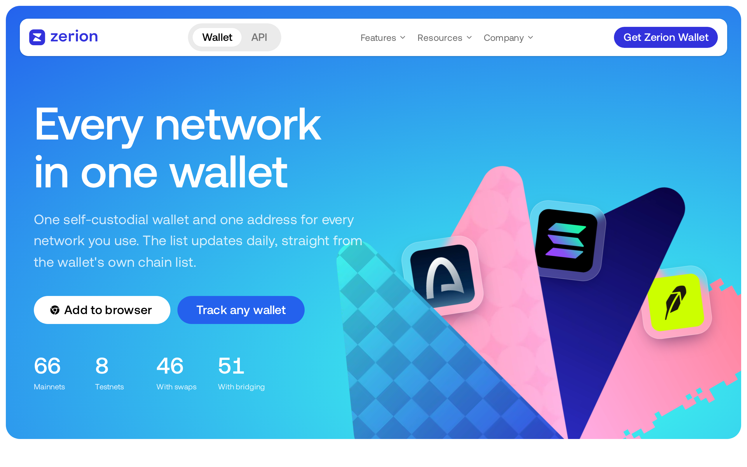 Zerion supported networks page listing every mainnet and testnet the wallet connects to