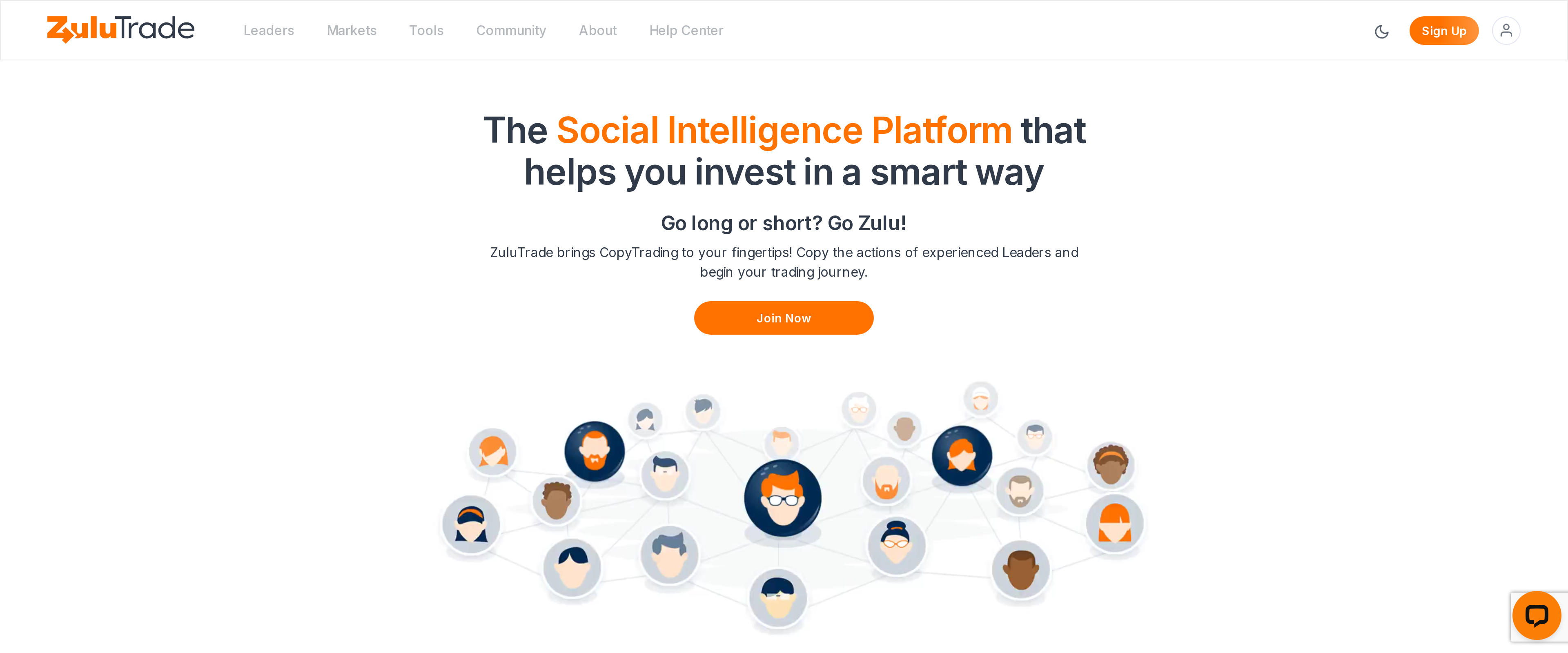 ZuluTrade homepage headline reading The Social Intelligence Platform that helps you invest in a smart way