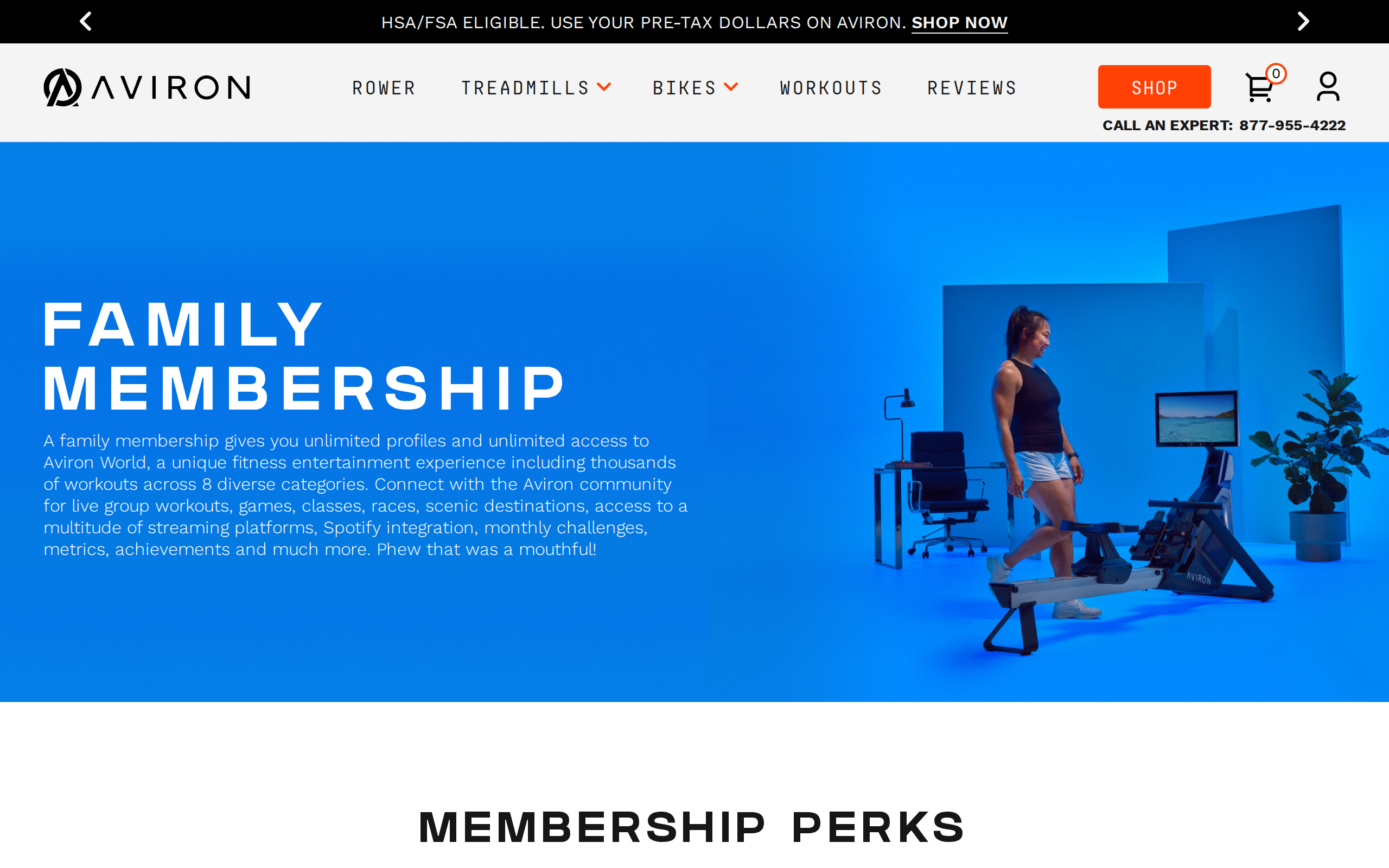 Aviron's Family Membership page with the headline Family Membership and a list of membership perks