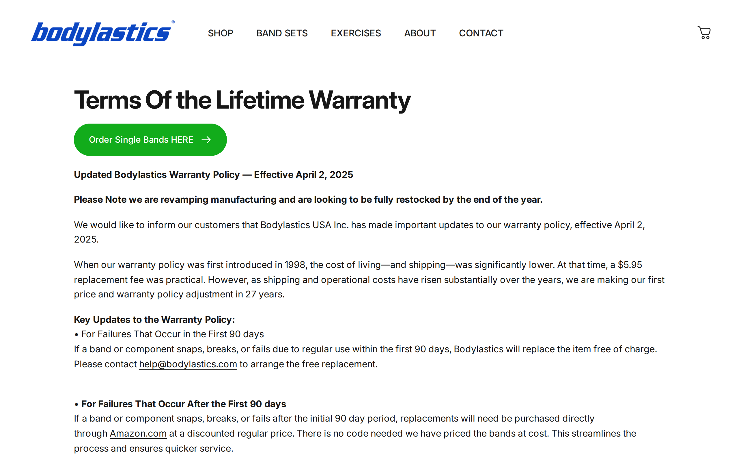 Bodylastics warranty policy page headed Terms of the Lifetime Warranty, updated effective April 2, 2025