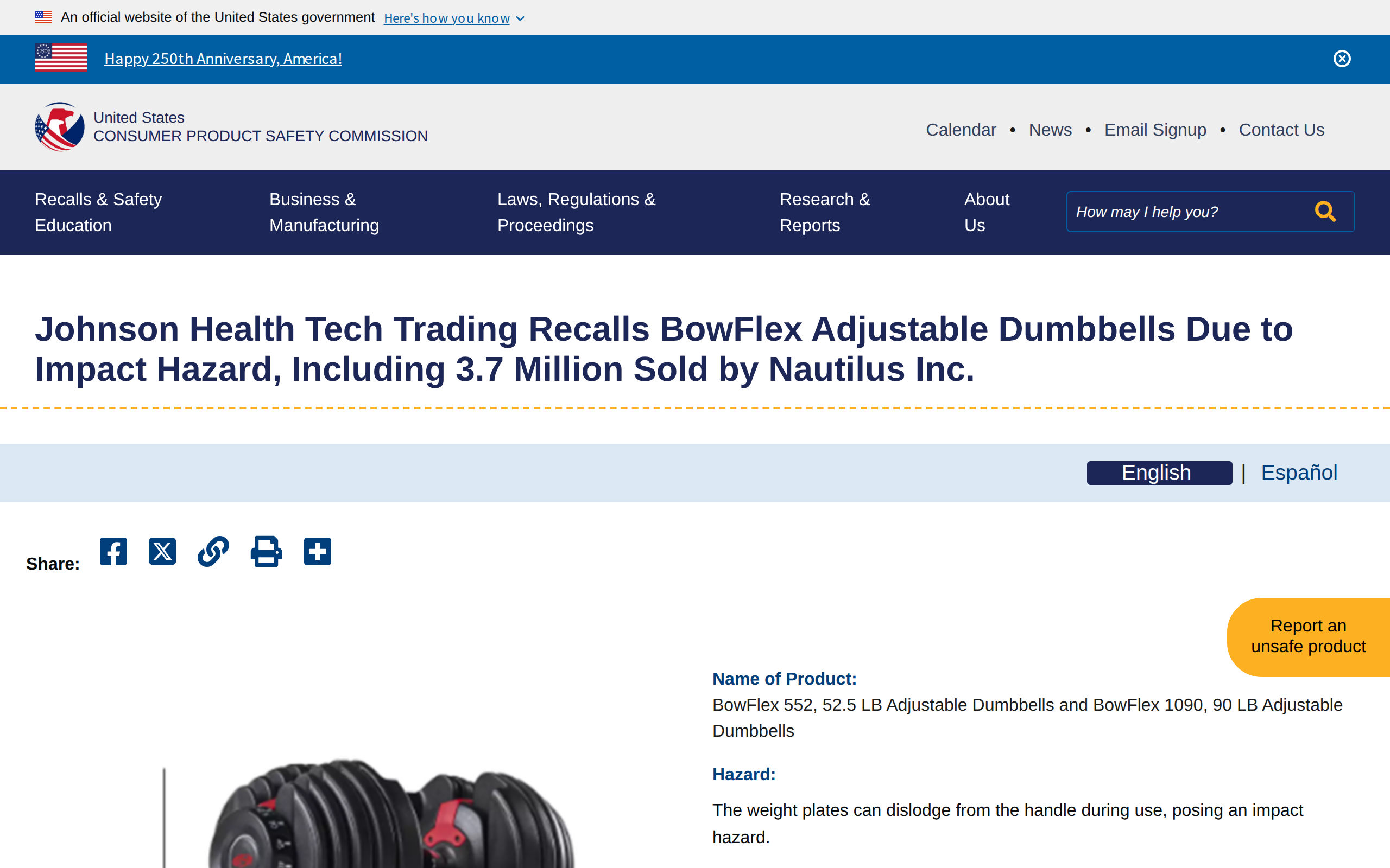 The CPSC recall notice for BowFlex adjustable dumbbells, with photos of the recalled 552 and 1090 models and the serial number location