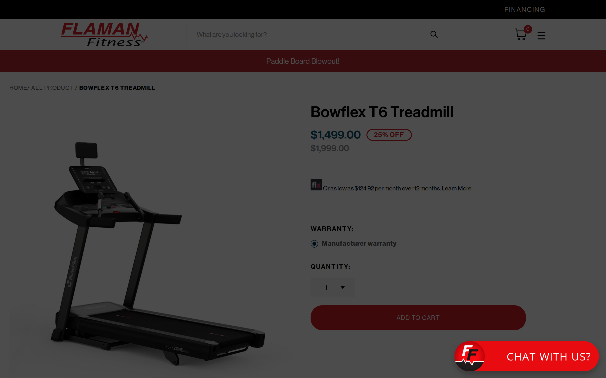 Retailer listing for the Bowflex T6 treadmill showing a product photo and a price of $1,499 with monthly payments