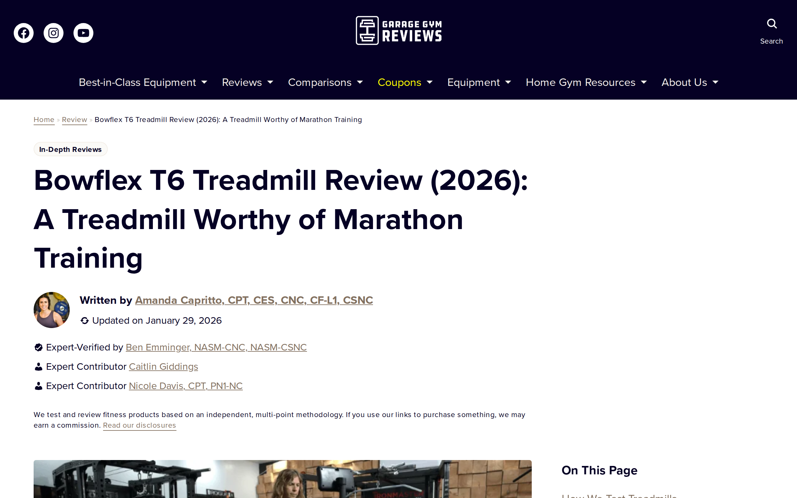 Garage Gym Reviews article on the Bowflex T6 treadmill with a photo of the machine