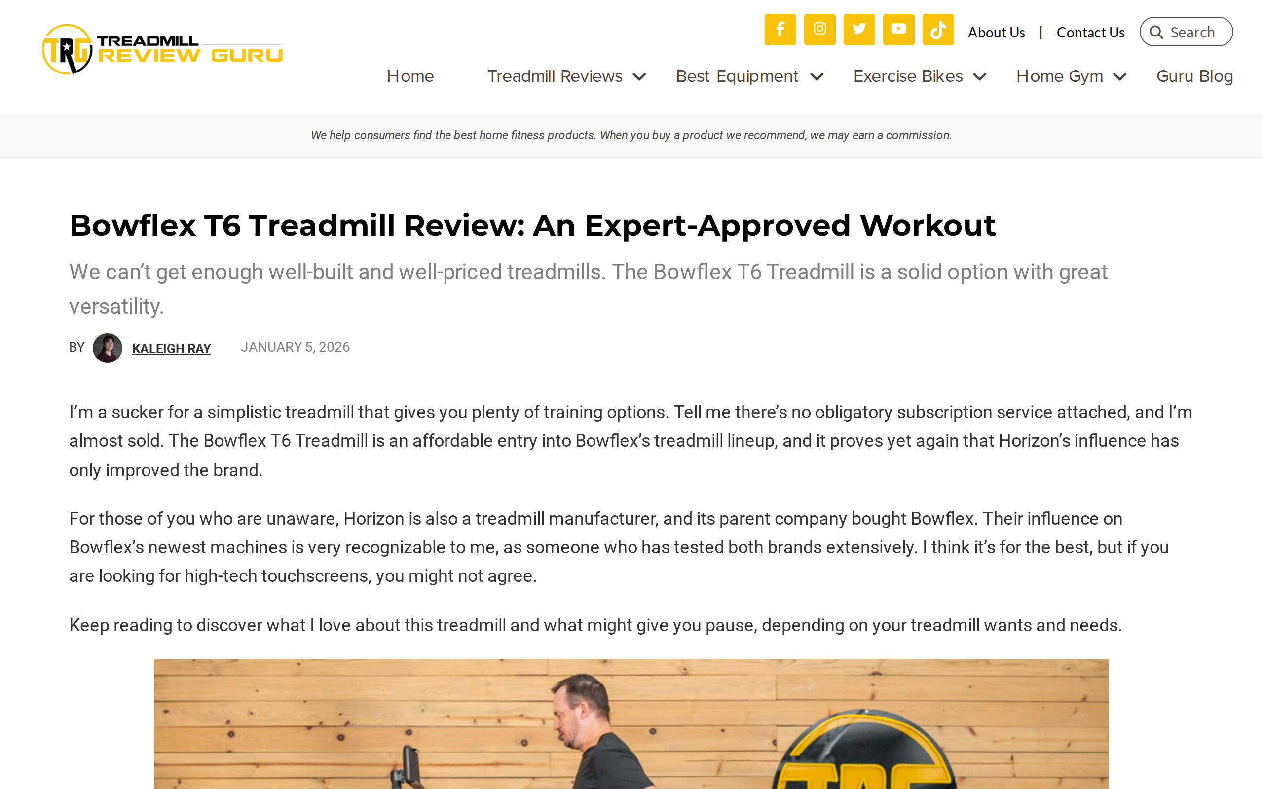 Bowflex T6 treadmill review page from Treadmill Review Guru with an intro about no obligatory subscription