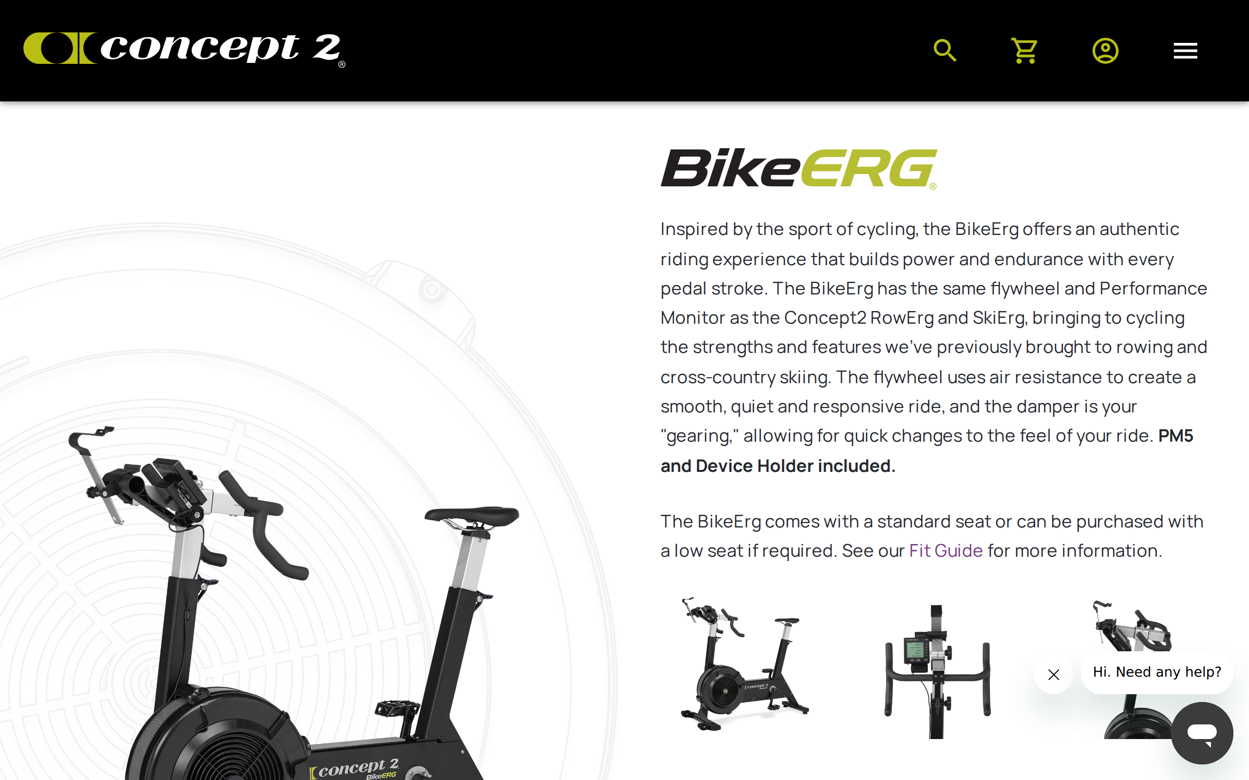 The Concept2 BikeErg home page for the product, with the maker's introduction to the bike