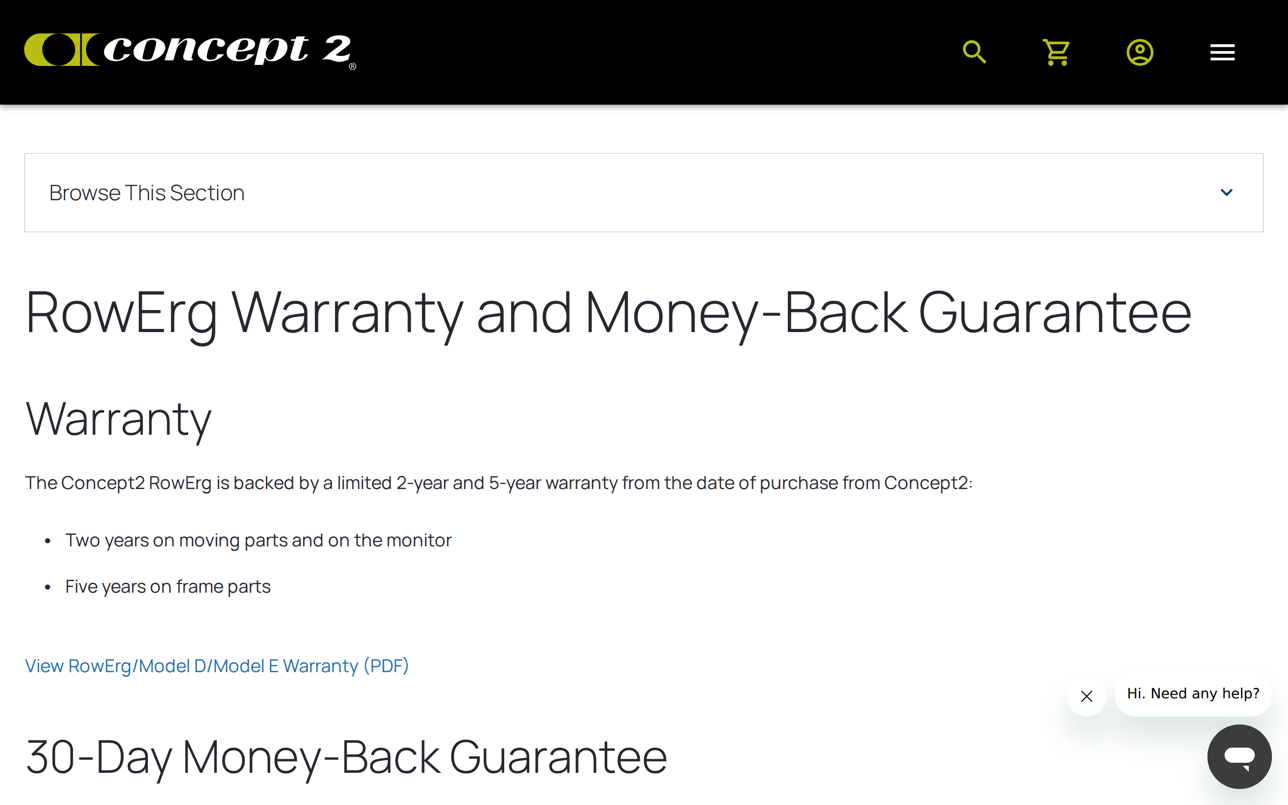 Concept2's warranty page describing two years on moving parts and monitor and five years on frame parts