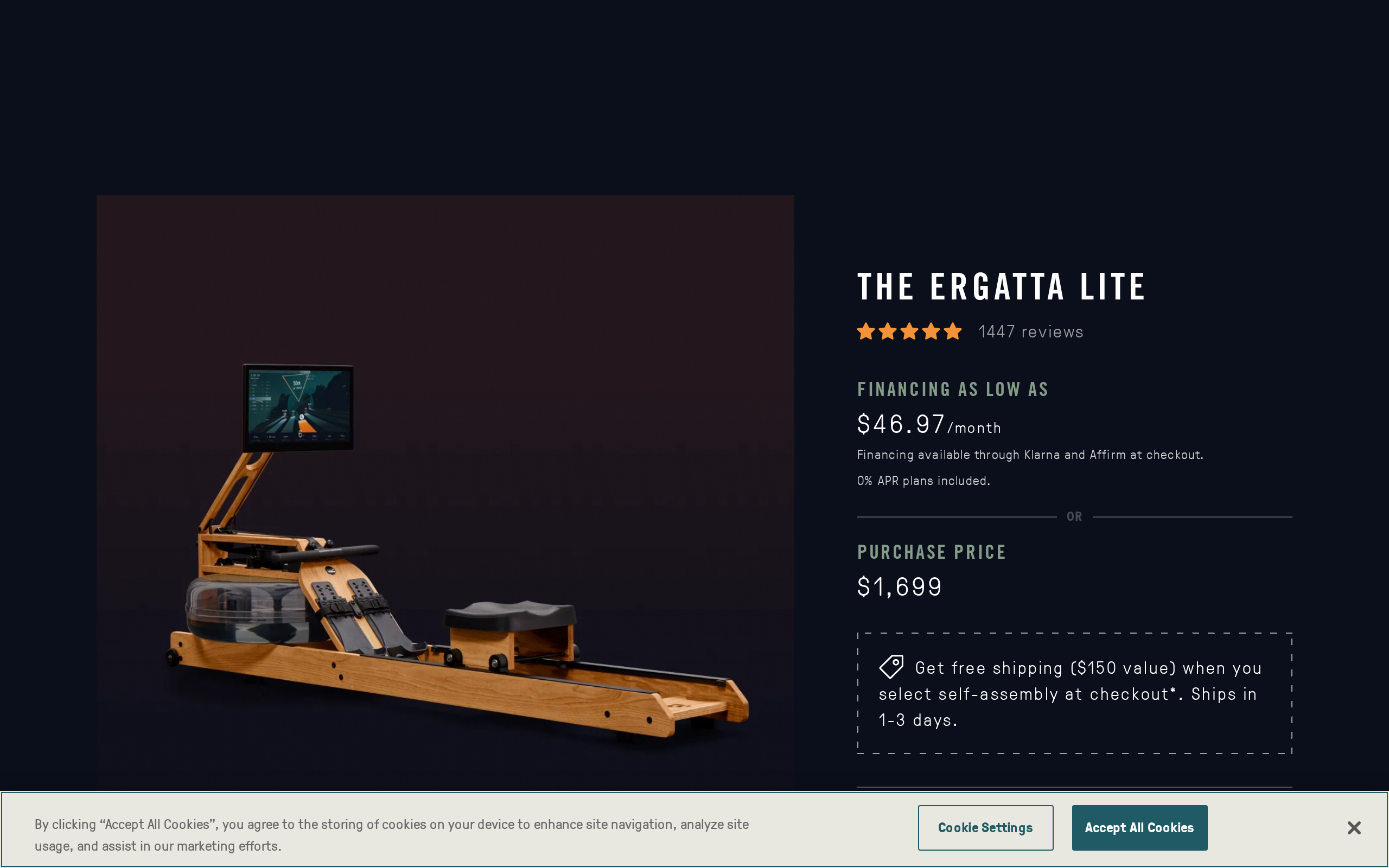 The Ergatta Lite product page with a wooden rower, price and review count