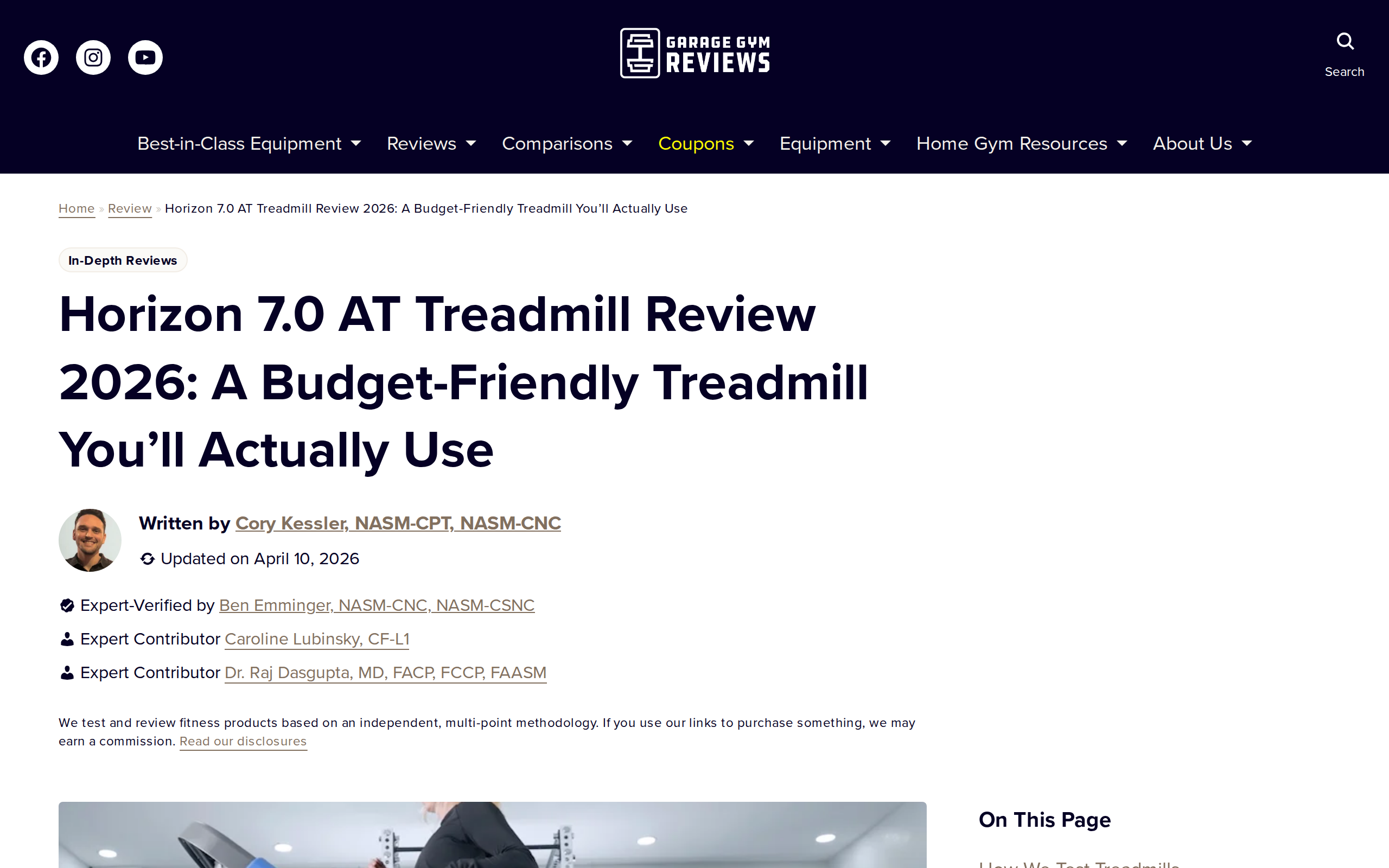 Garage Gym Reviews page for the Horizon 7.0 AT Treadmill, headed as a budget-friendly treadmill you will actually use