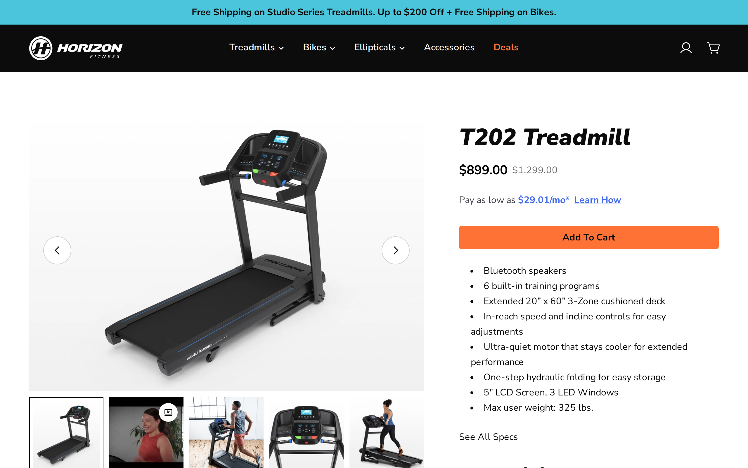 Horizon T202 product page with a black treadmill, a price of $899 and a monthly financing figure