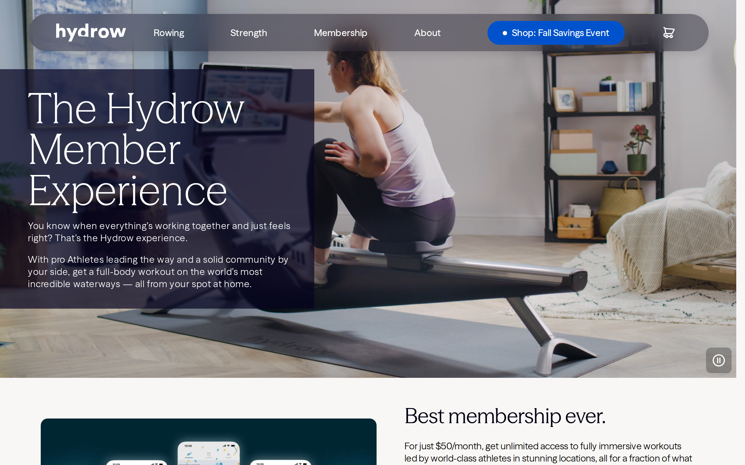 Hydrow's member experience page showing a rower using the Origin in a living room