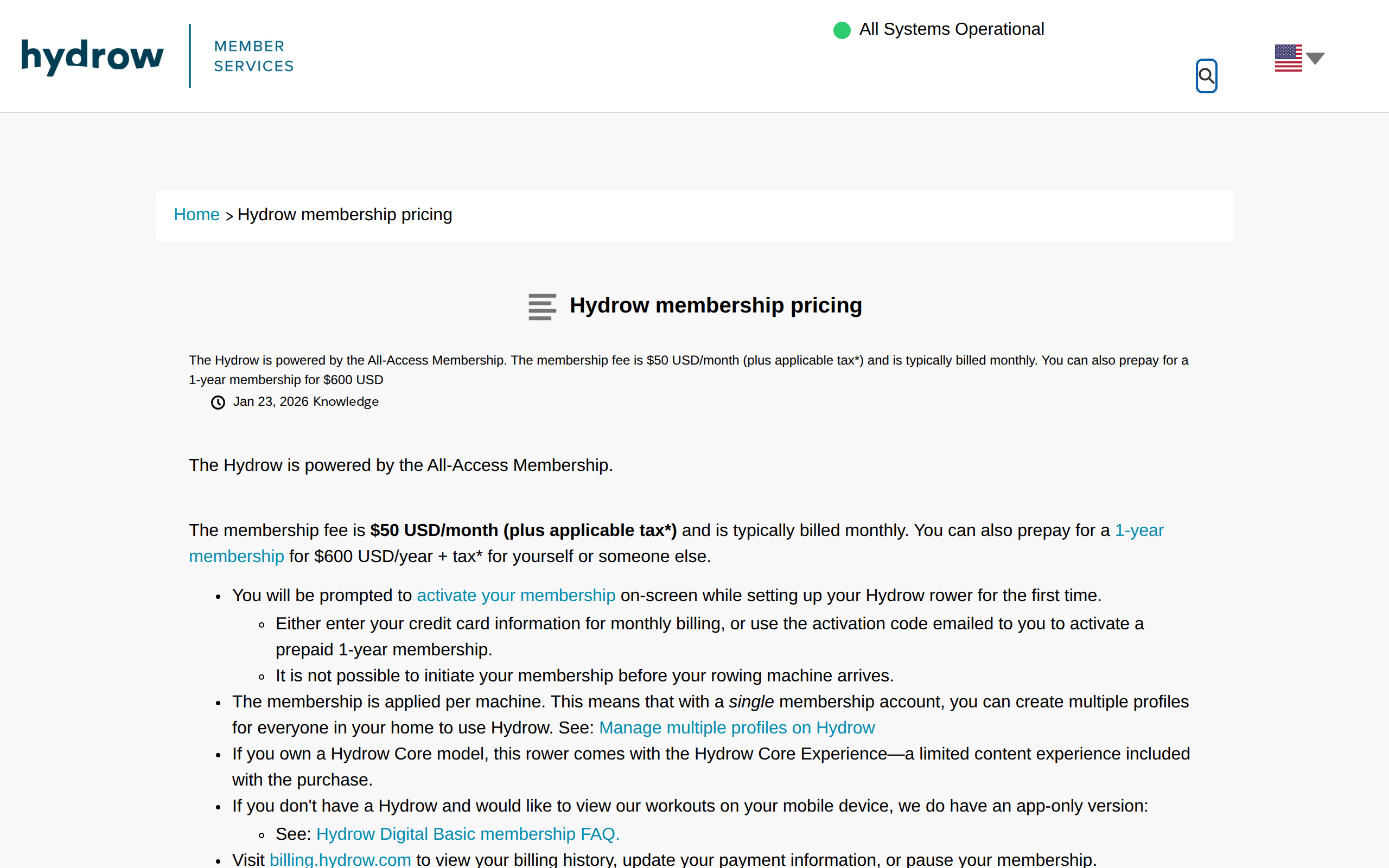 Hydrow's support page stating the membership costs $50 a month, or $600 prepaid for a year