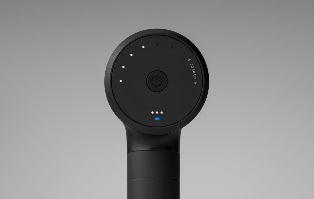 Hypervolt 3 Pro front face of the motor head with its power button and LED level indicators