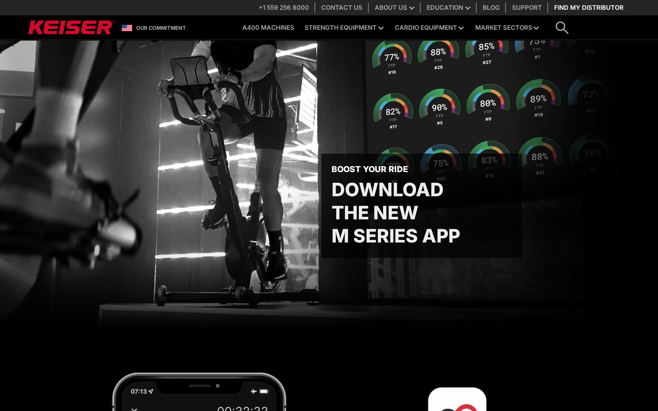 Keiser M Series app page with a phone showing the app's screen