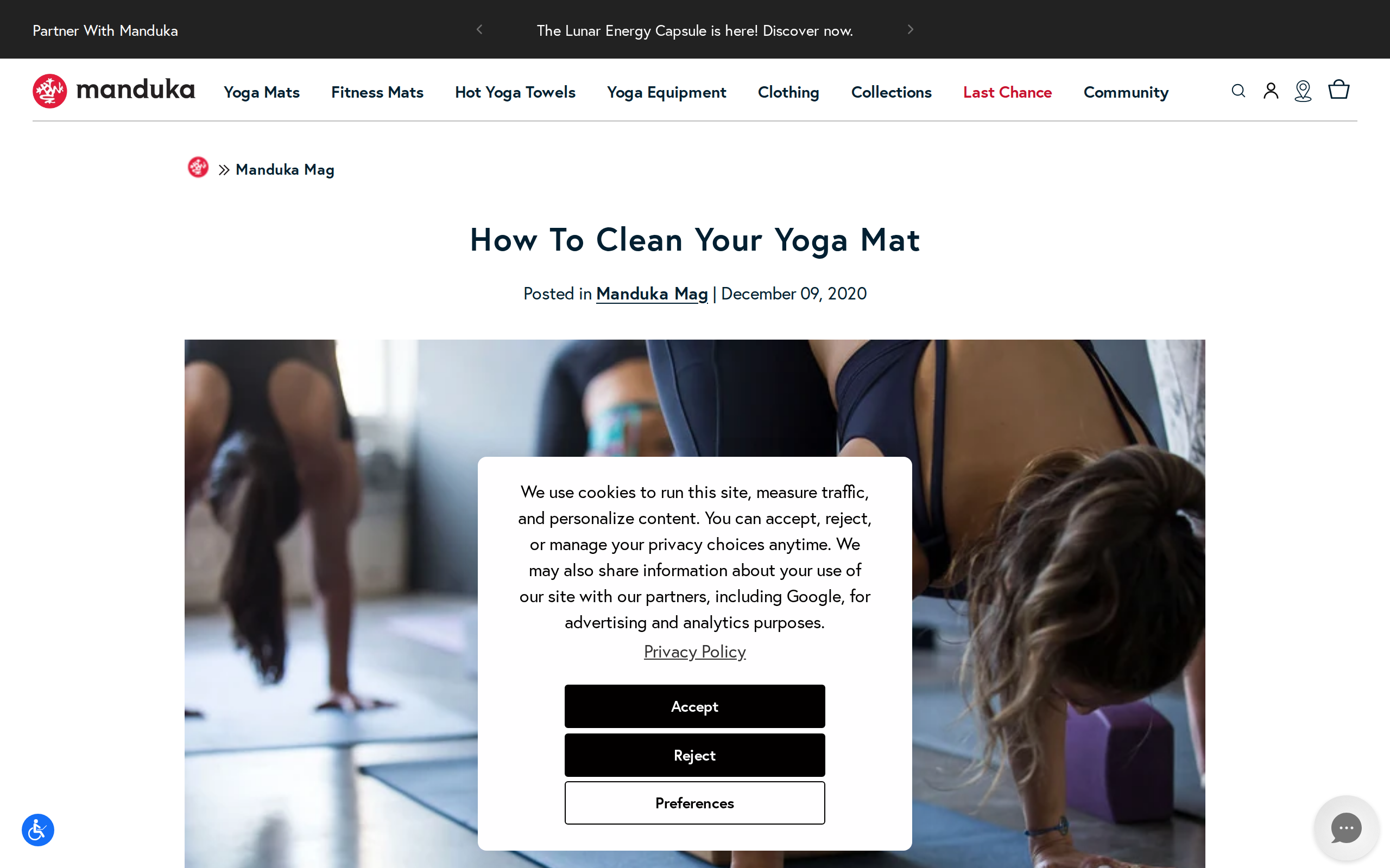 Manduka's How To Clean Your Yoga Mat guide page with its header photograph