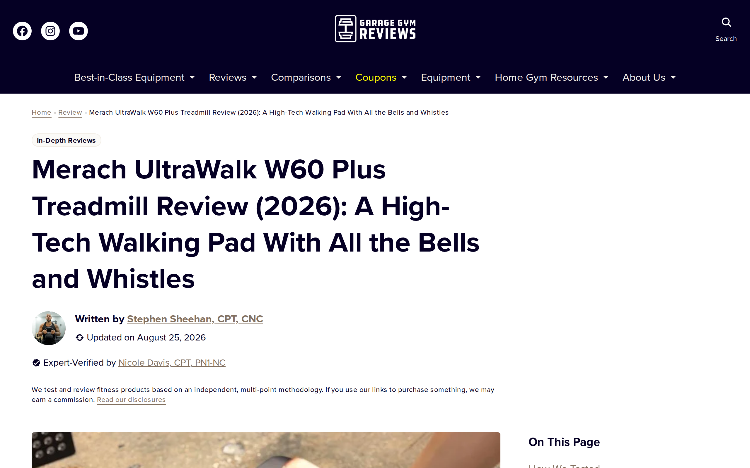 Garage Gym Reviews headline for the Merach UltraWalk W60 Plus with a close look at the walking pad