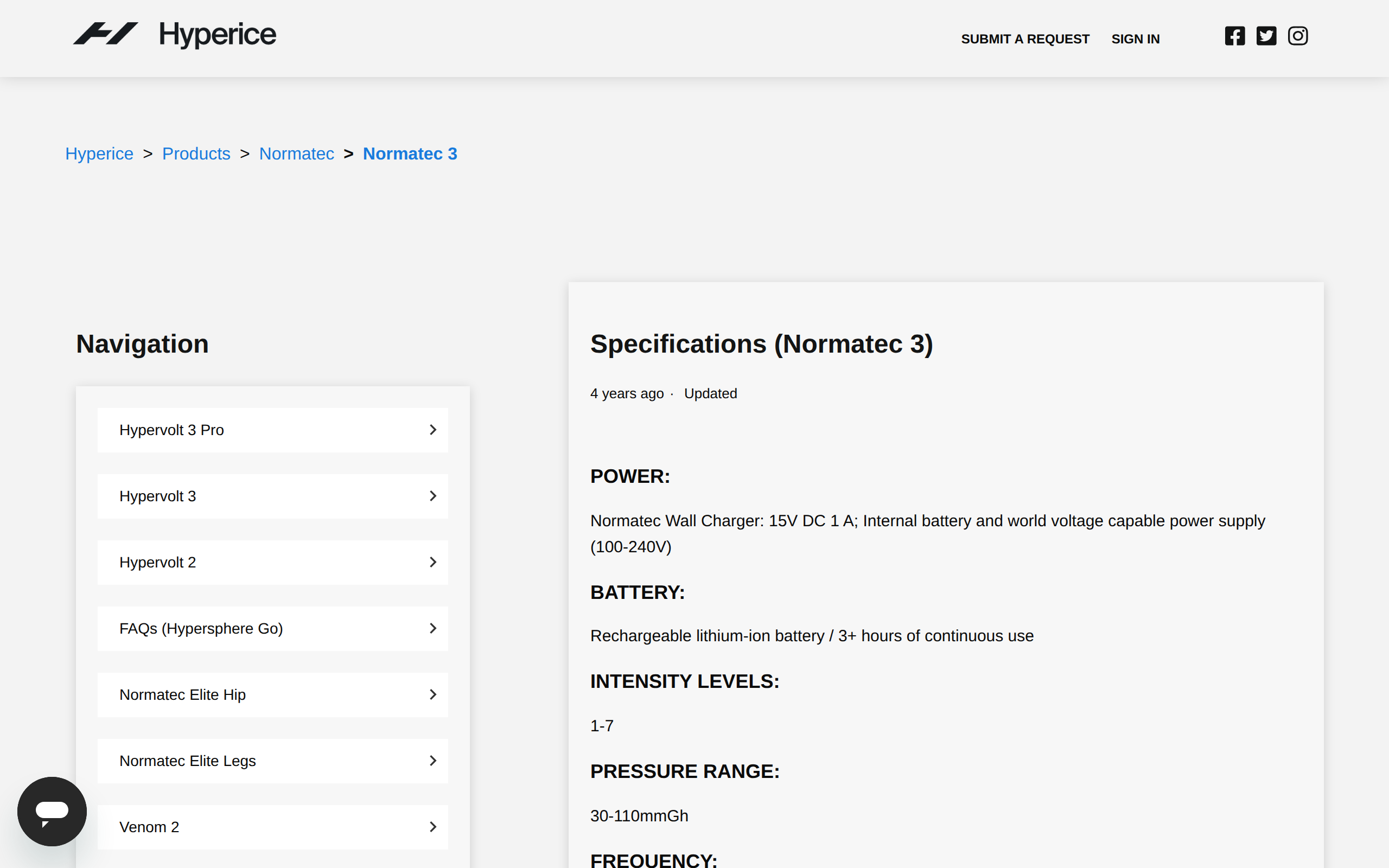 Hyperice specifications page for Normatec 3 listing the wall charger and the lithium-ion battery with 3+ hours of use