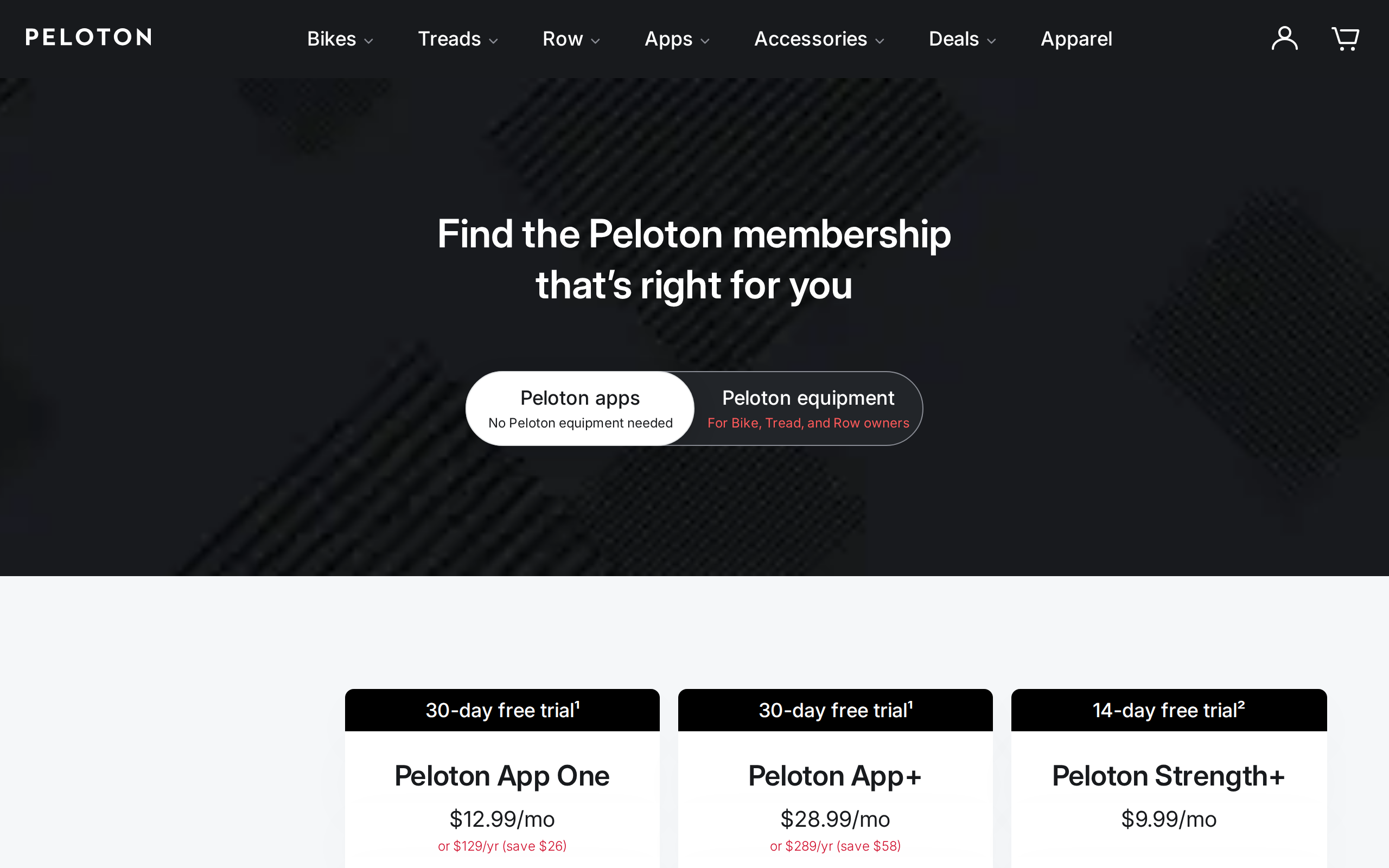 Peloton's membership page with App One at $12.99 a month, App+ at $28.99 a month and Strength+ at $9.99 a month