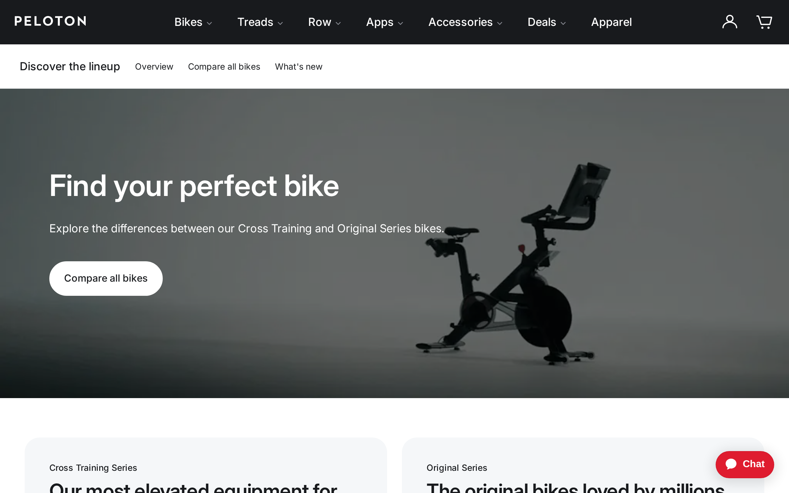 Peloton's bike comparison page with the headline Find your perfect bike and a bike silhouette