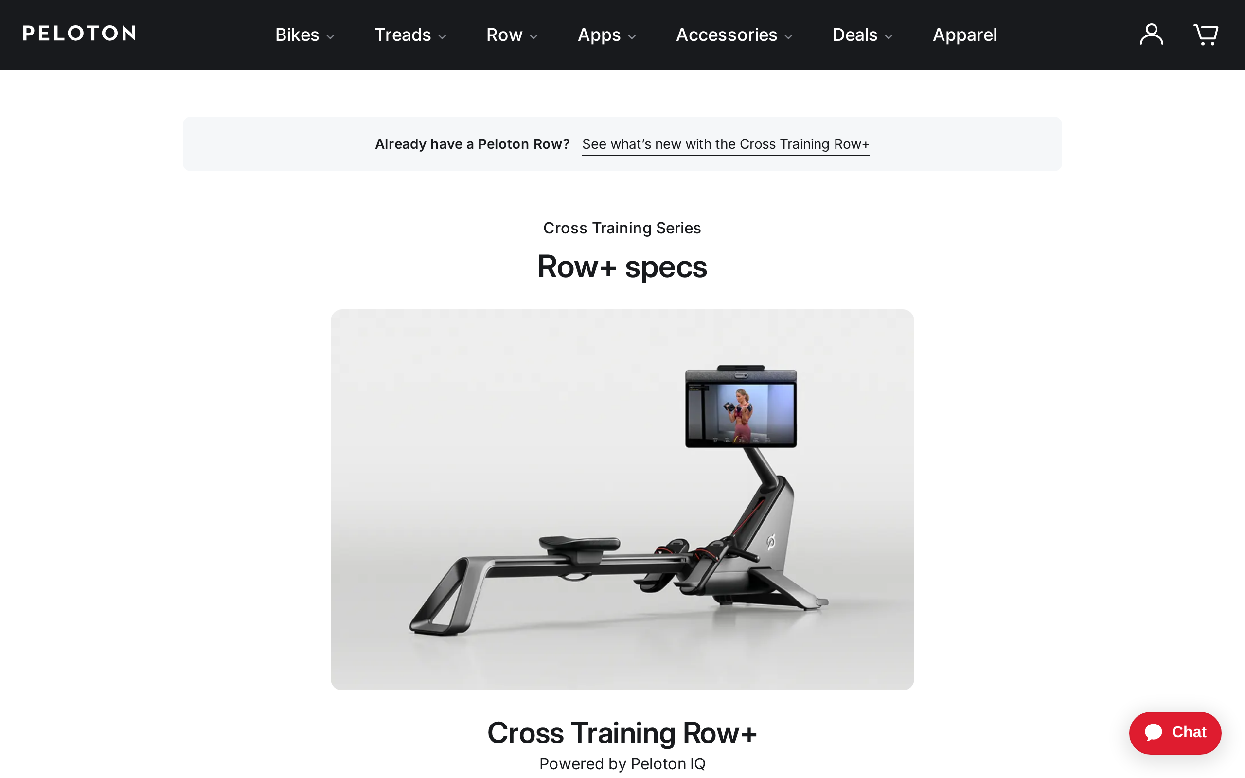 Peloton Cross Training Row+ dimensions and specifications page with a prompt for existing Row owners