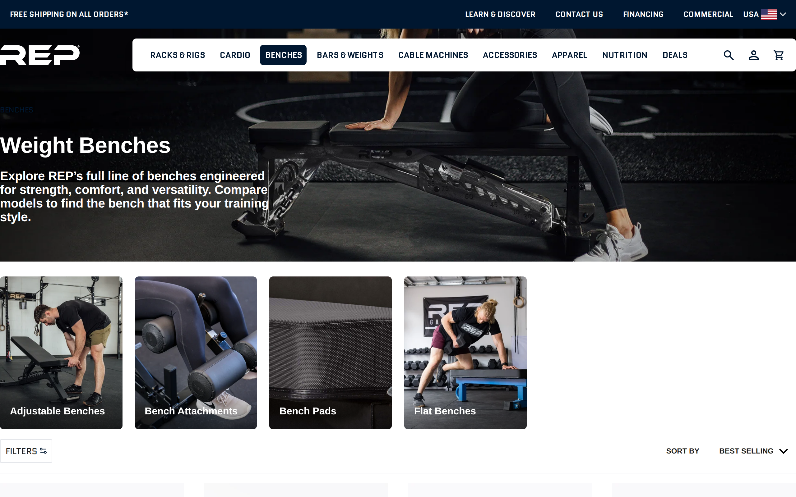REP Fitness weight benches category page with Adjustable Benches, Bench Attachments and Bench Pads